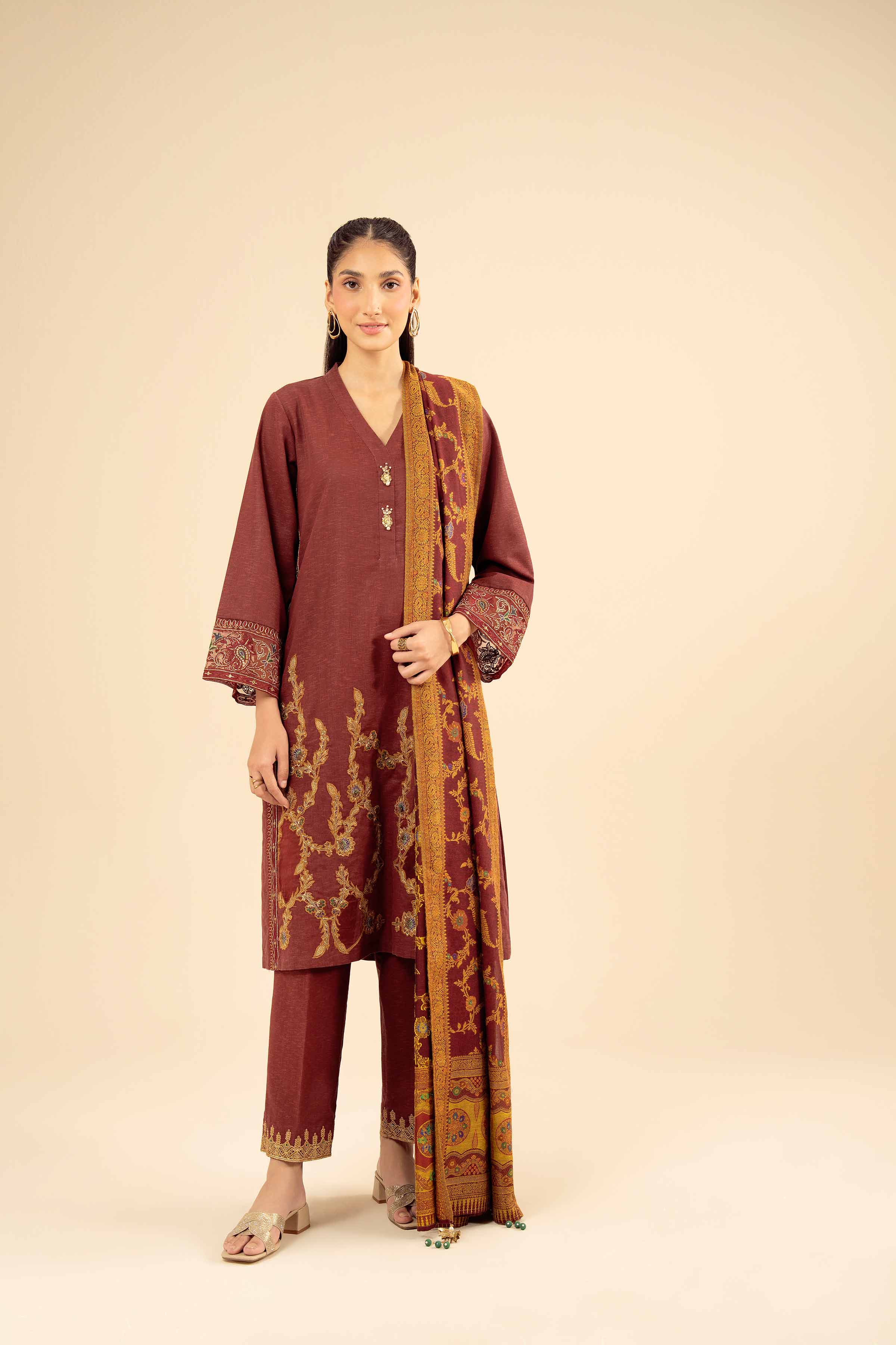 3 Piece - Embroidered Suit - PW25-445 READY TO WEAR Red Karandi 3PC Embroidered