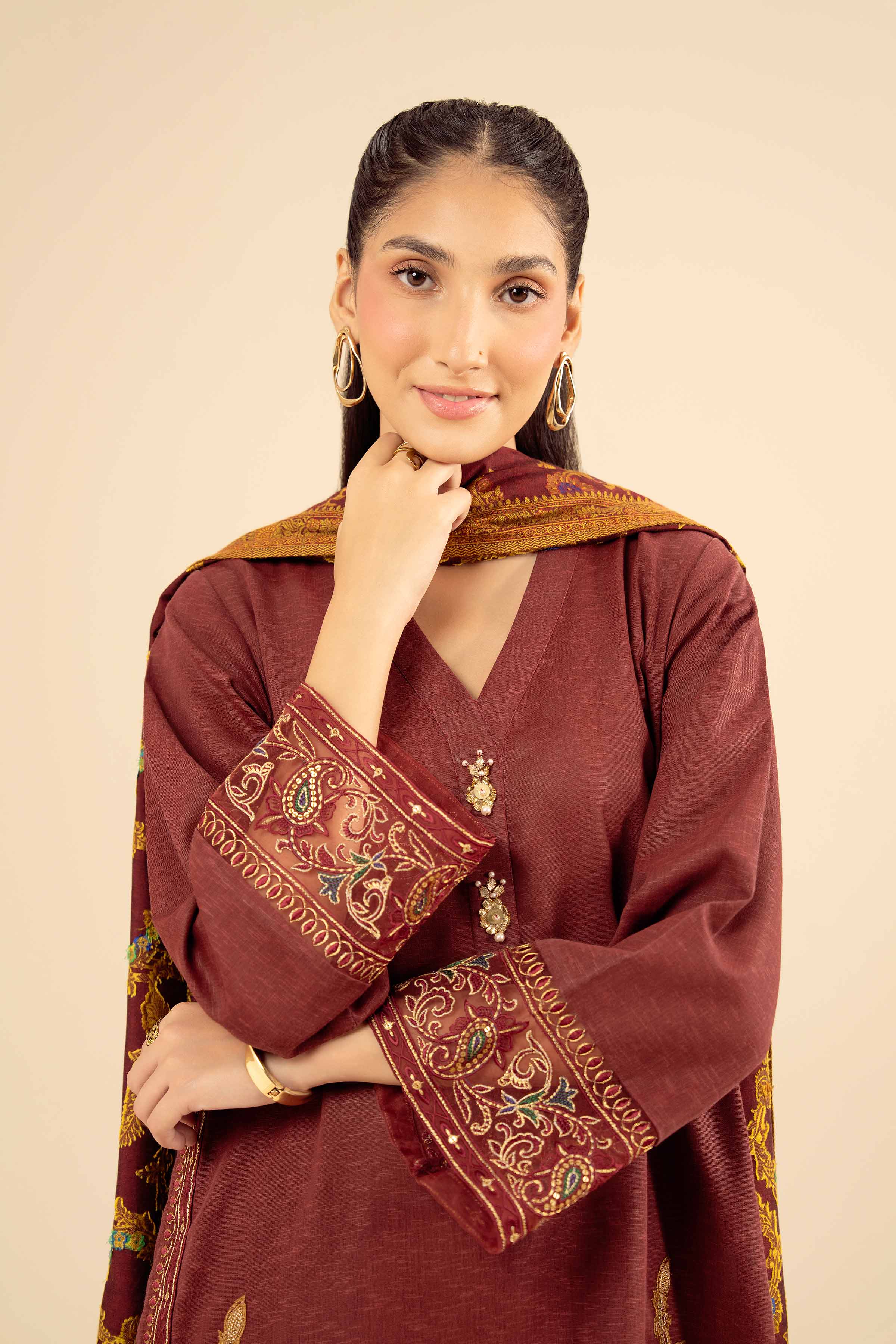 3 Piece - Embroidered Suit - PW25-445 READY TO WEAR Red Karandi 3PC Embroidered