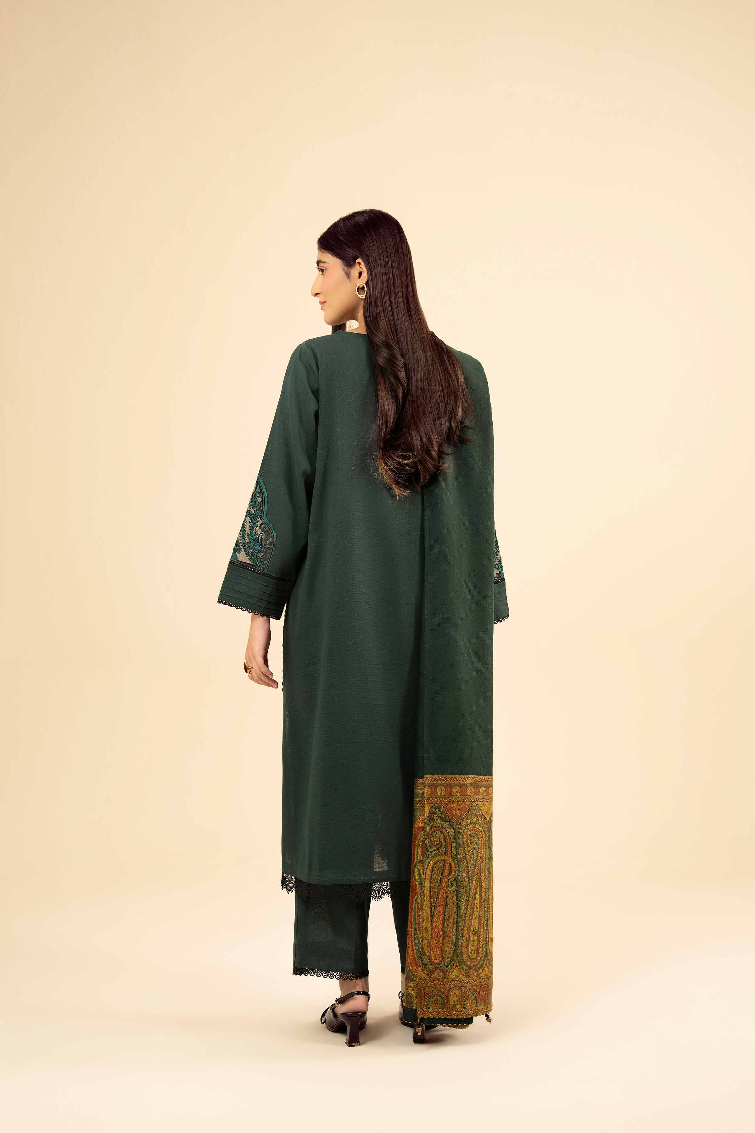 3 Piece - Embroidered Suit - PW25-447 READY TO WEAR Green Karandi 3PC Embroidered