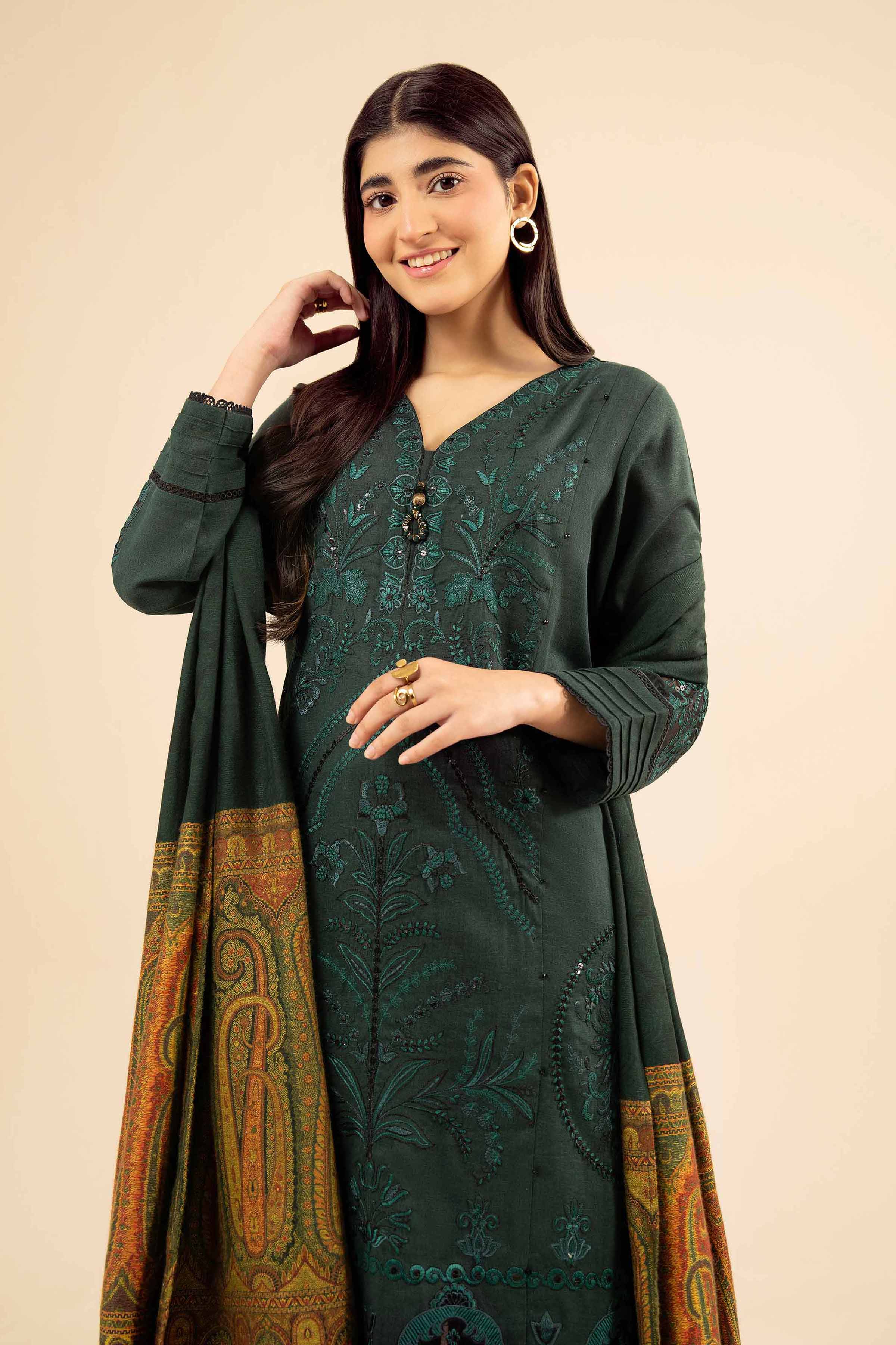 3 Piece - Embroidered Suit - PW25-447 READY TO WEAR Green Karandi 3PC Embroidered