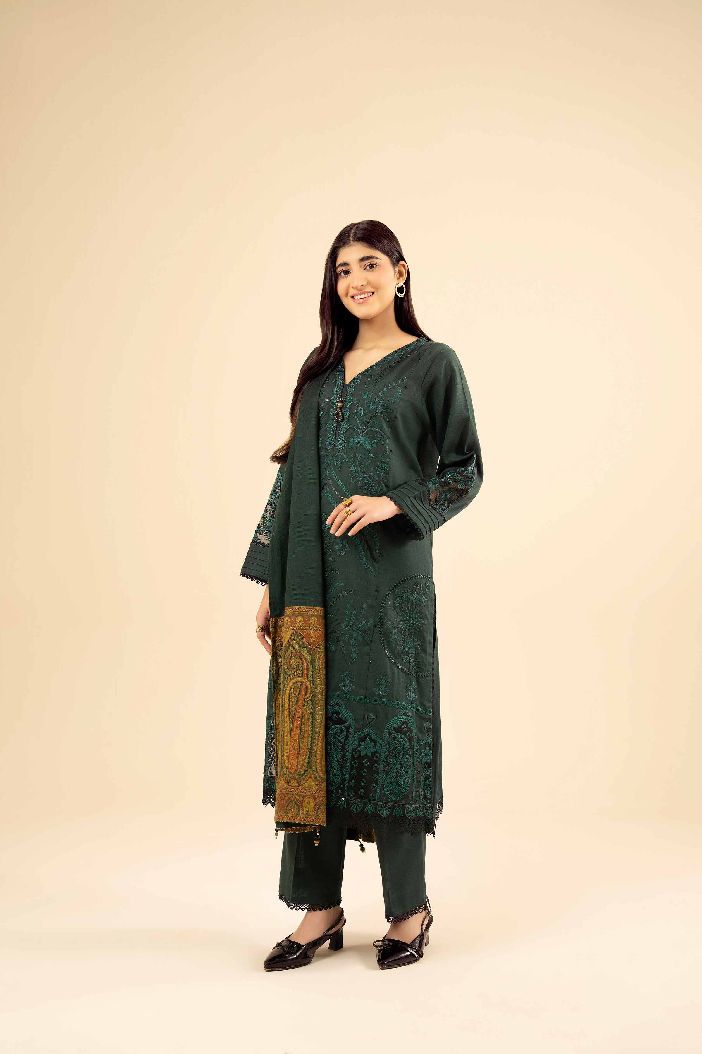 3 Piece - Embroidered Suit - PW25-447 READY TO WEAR Green Karandi 3PC Embroidered