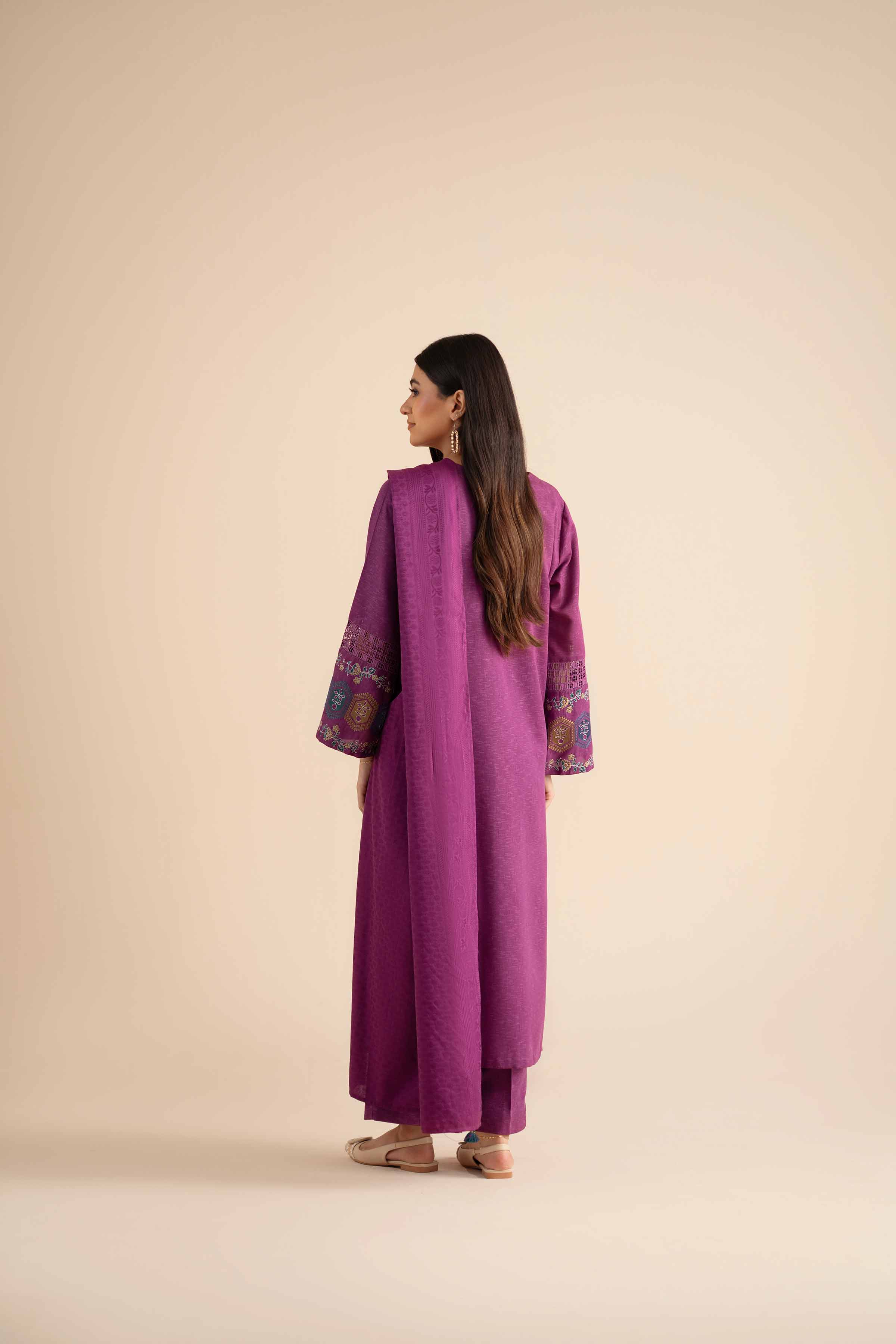 3 Piece - Embroidered Suit - PW25-450 READY TO WEAR Purple Karandi 3PC Embroidered