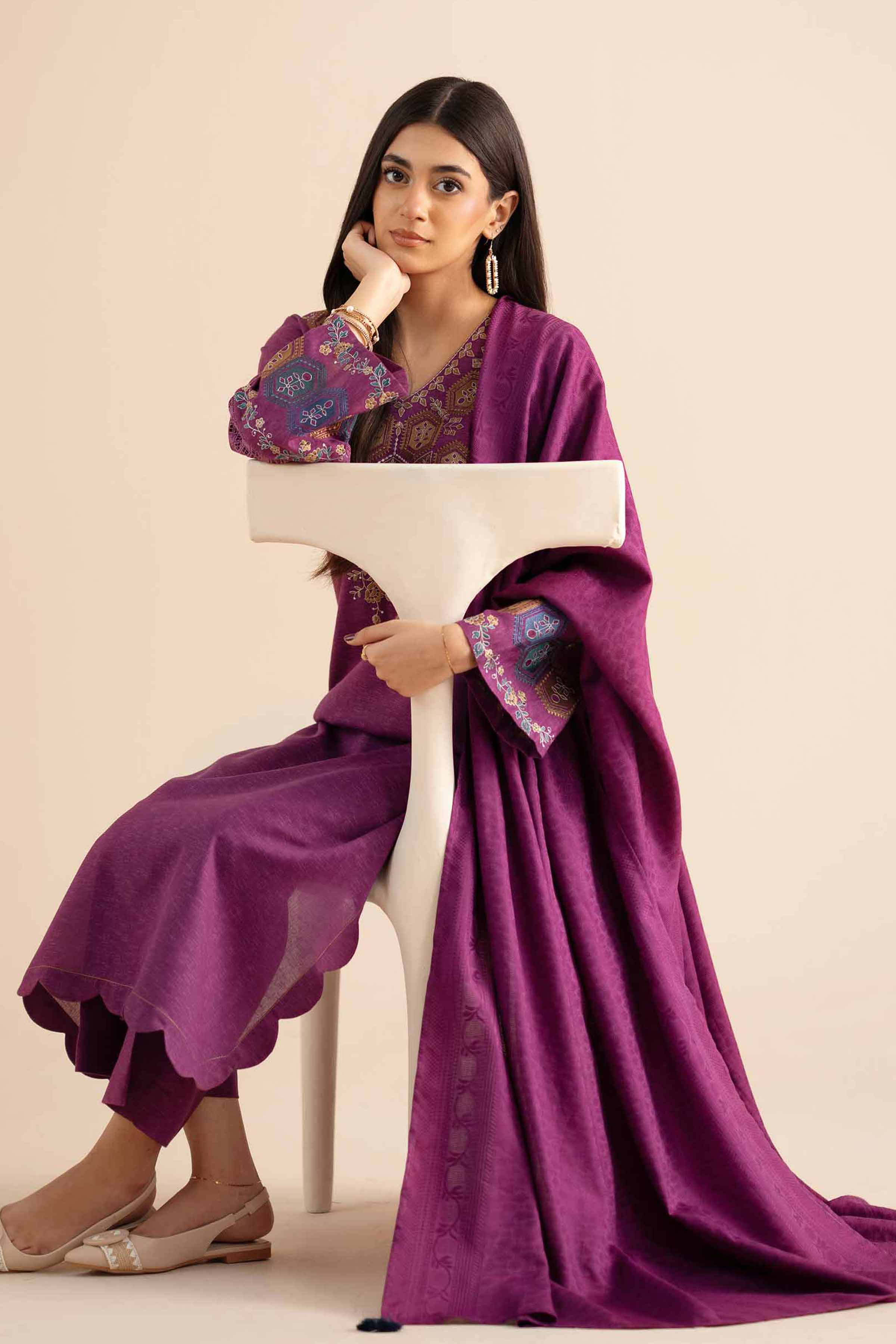 3 Piece - Embroidered Suit - PW25-450 READY TO WEAR Purple Karandi 3PC Embroidered