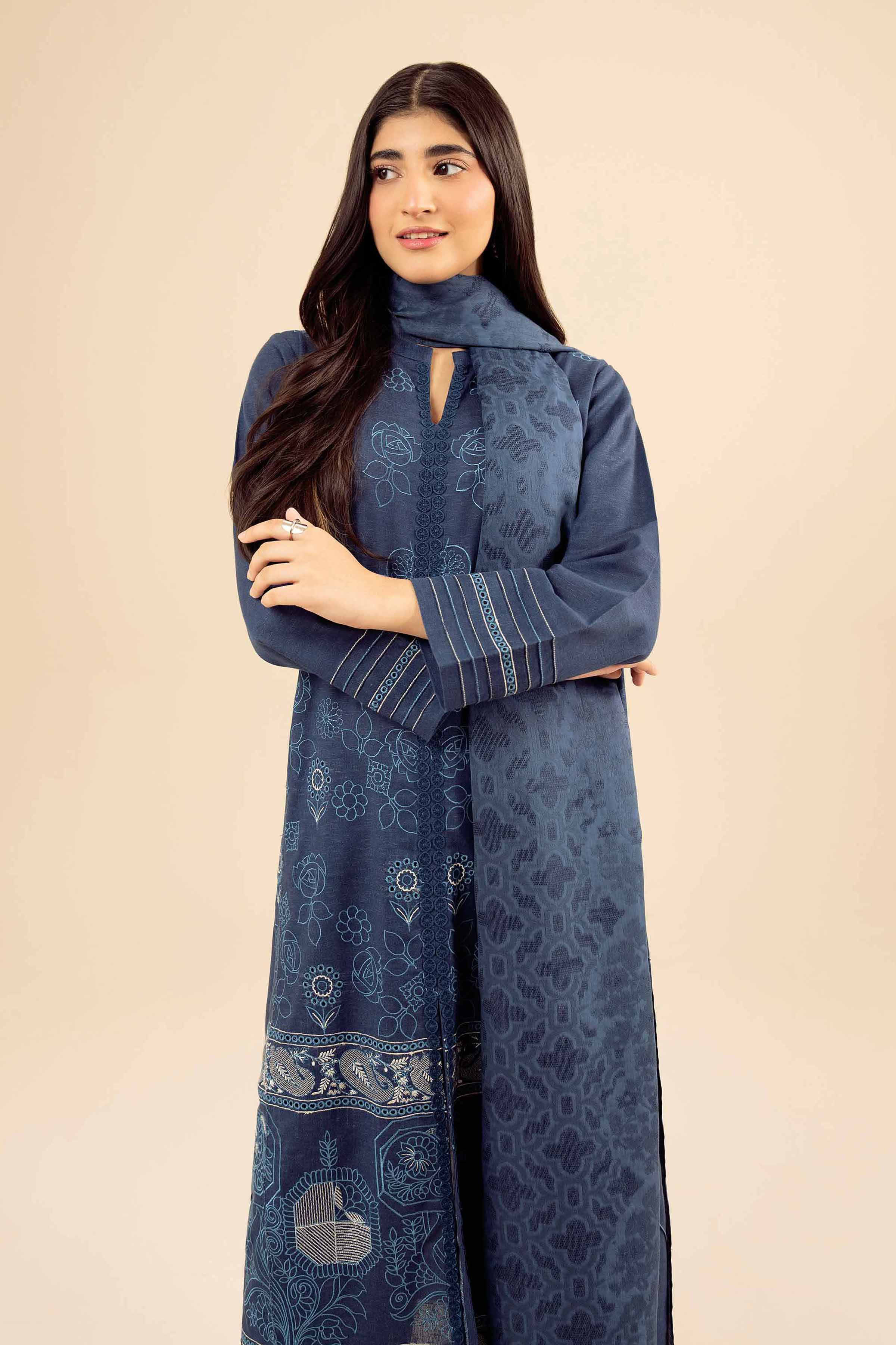 3 Piece - Embroidered Suit - PW25-452 READY TO WEAR Blue Karandi 3PC Embroidered