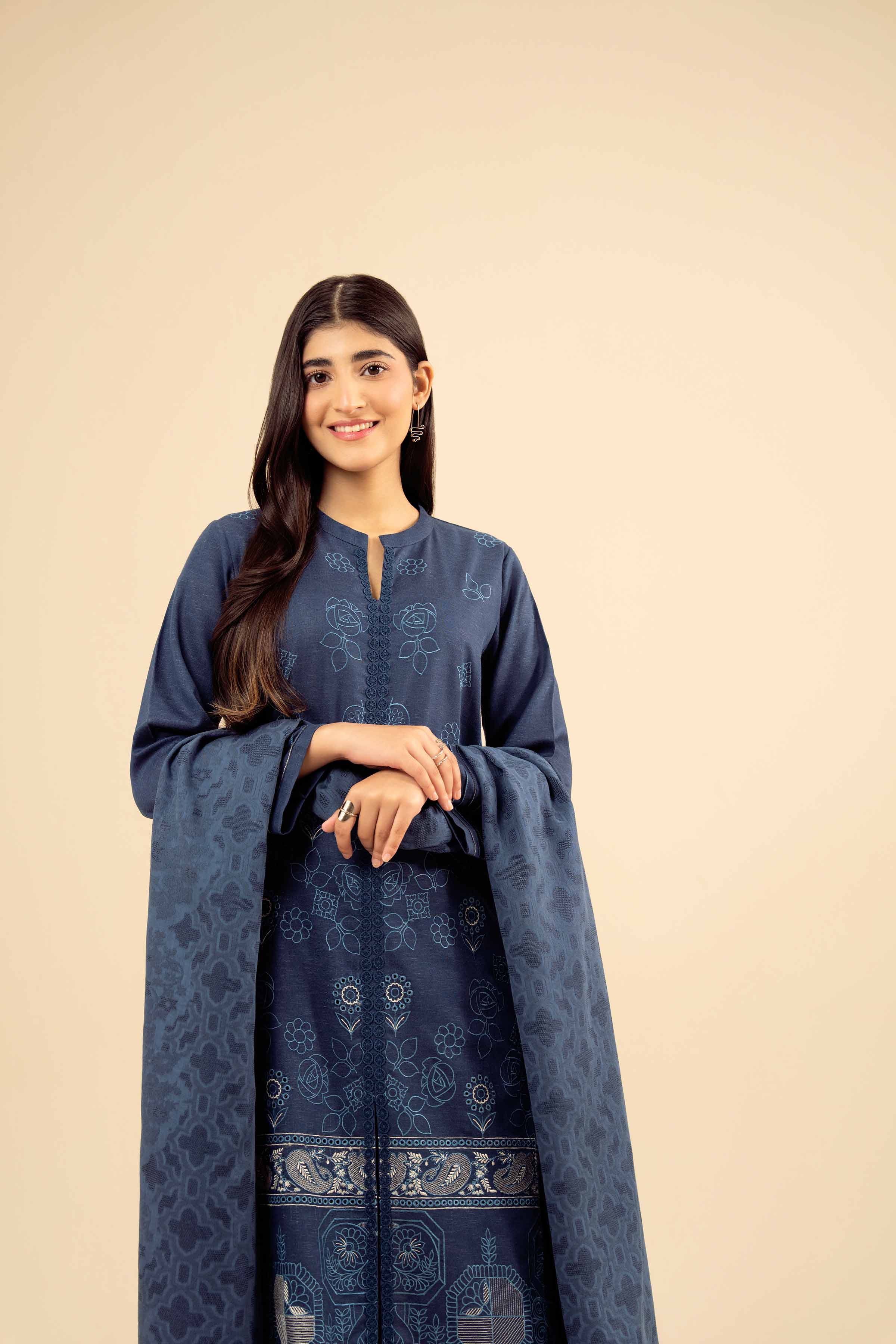 3 Piece - Embroidered Suit - PW25-452 READY TO WEAR Blue Karandi 3PC Embroidered