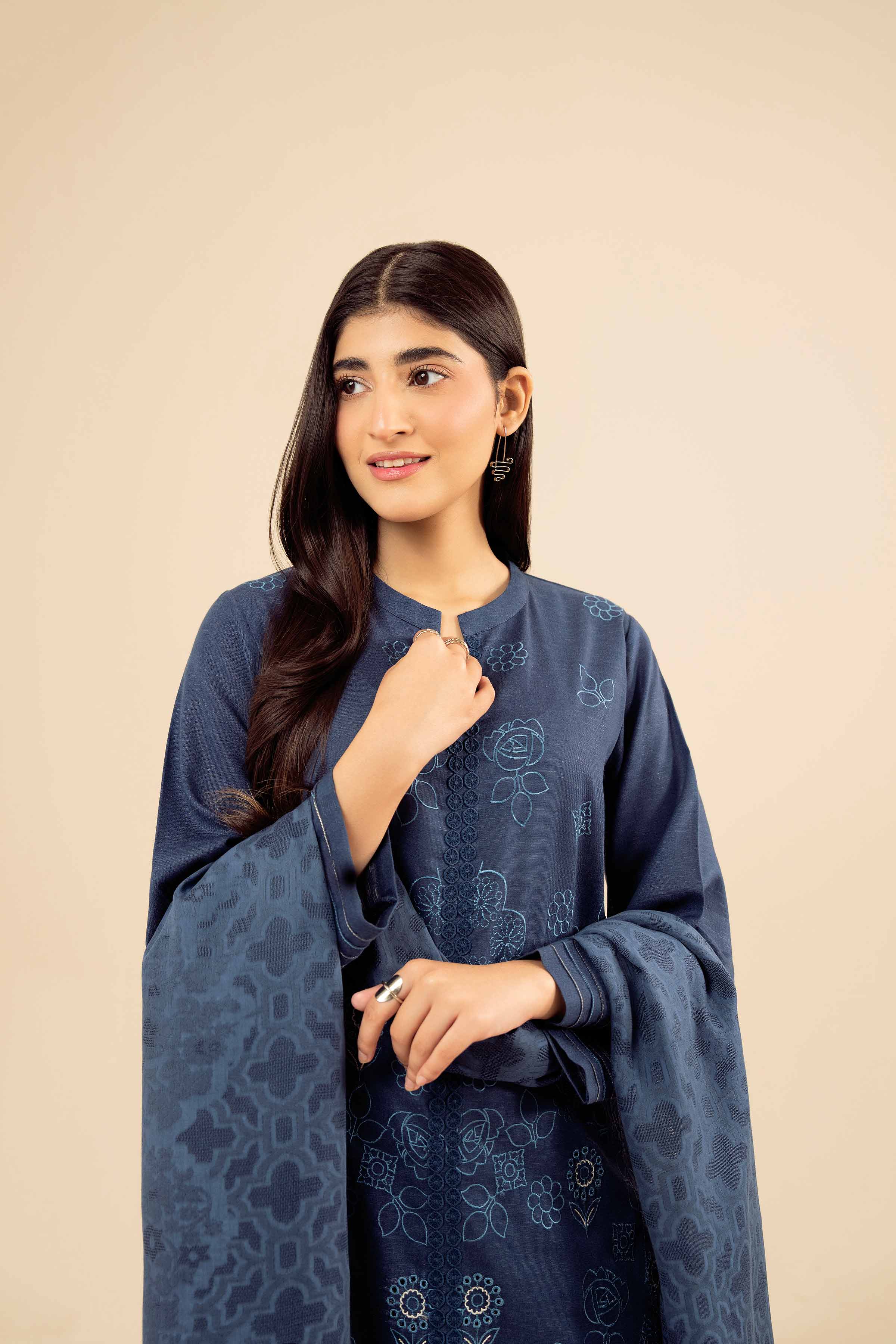 3 Piece - Embroidered Suit - PW25-452 READY TO WEAR Blue Karandi 3PC Embroidered