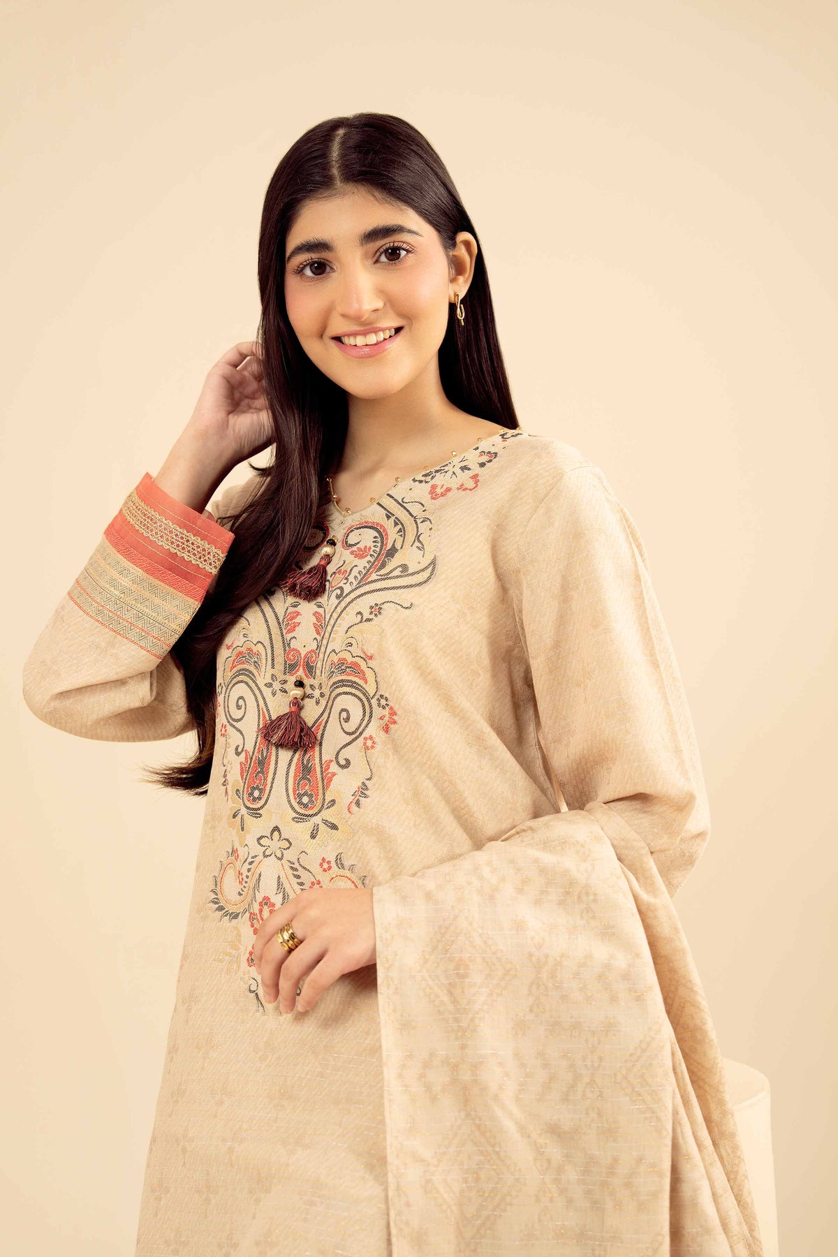 3 Piece - Printed Suit - PW25-457 Beige Jacquard 3PC Printed Nishat Australia