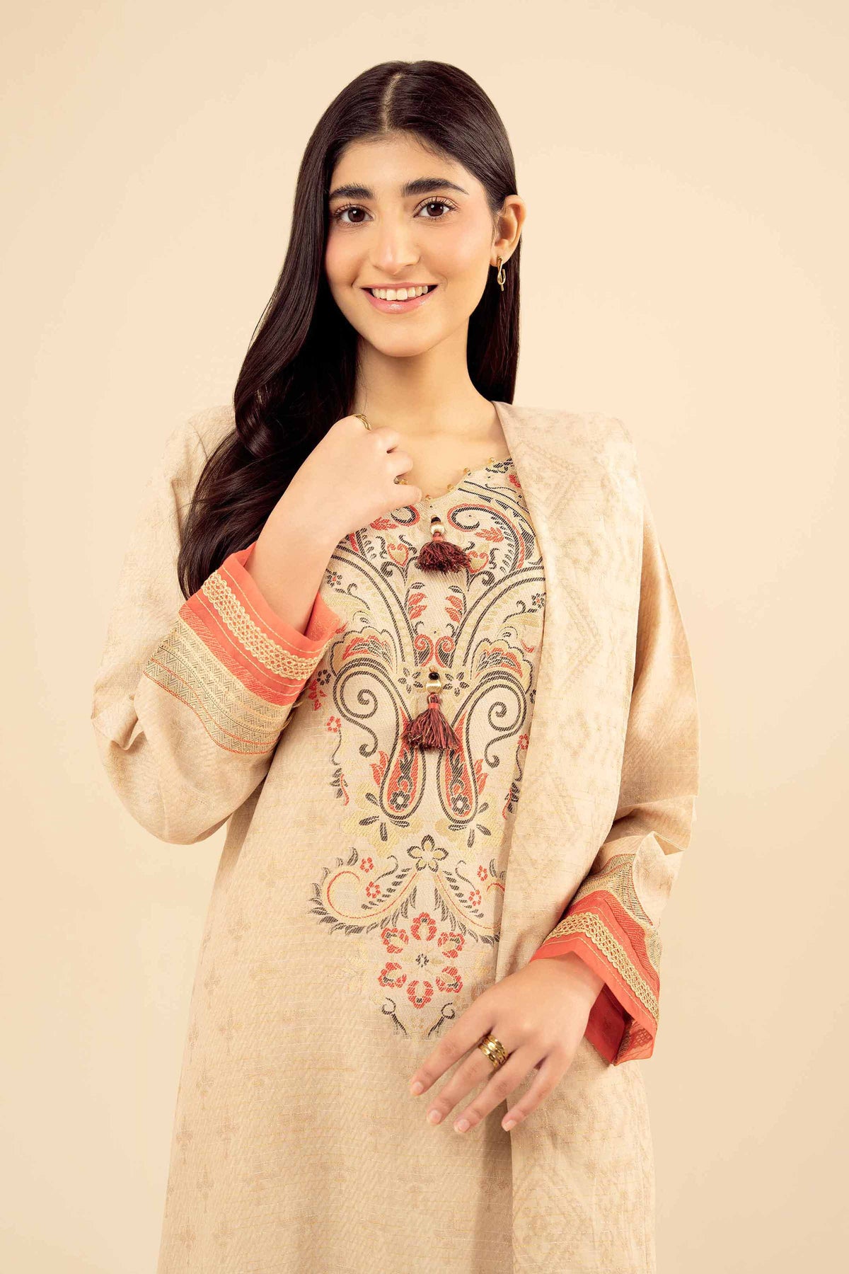 3 Piece - Printed Suit - PW25-457 Beige Jacquard 3PC Printed Nishat Australia
