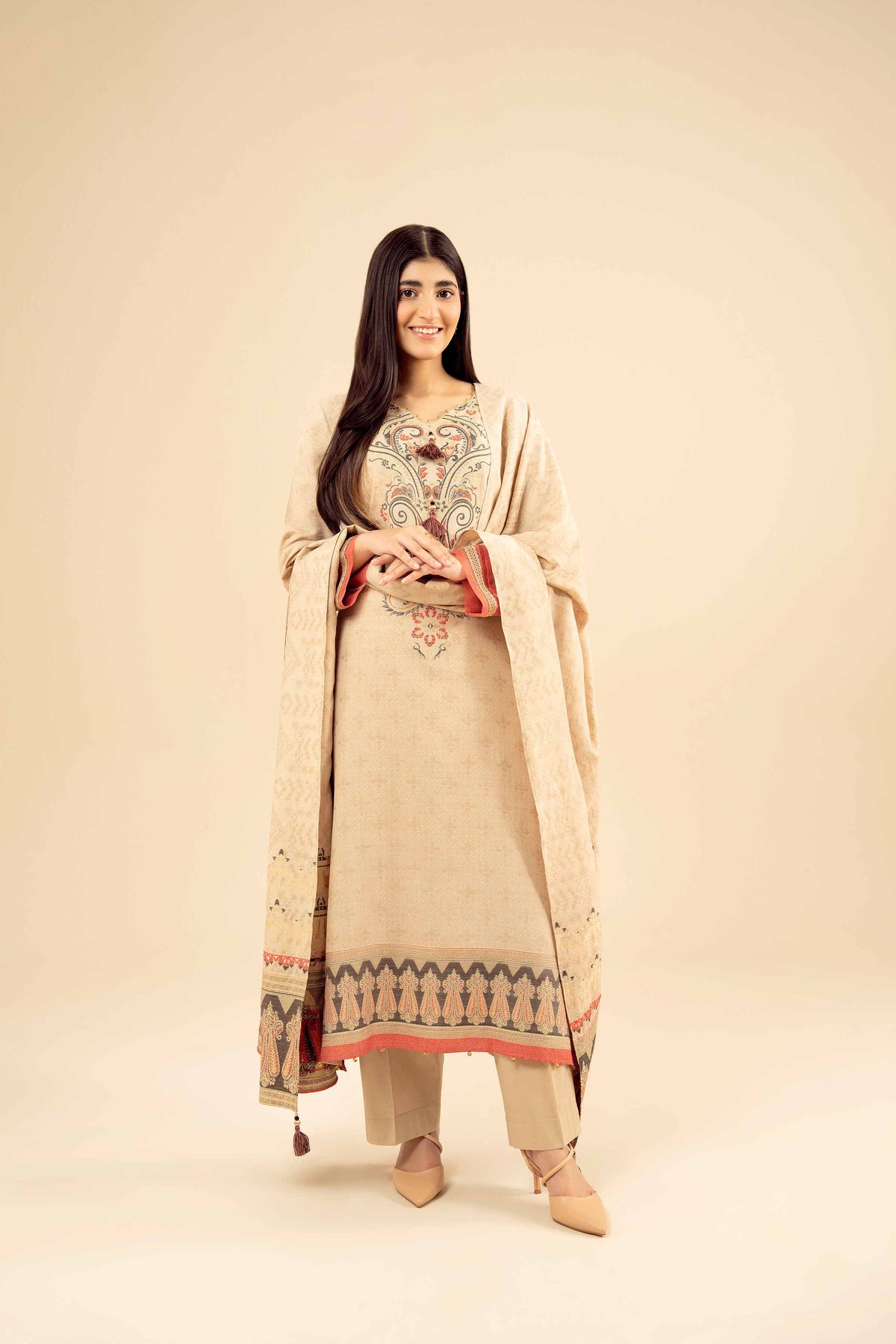 3 Piece - Printed Suit - PW25-457 Beige Jacquard 3PC Printed Nishat Australia