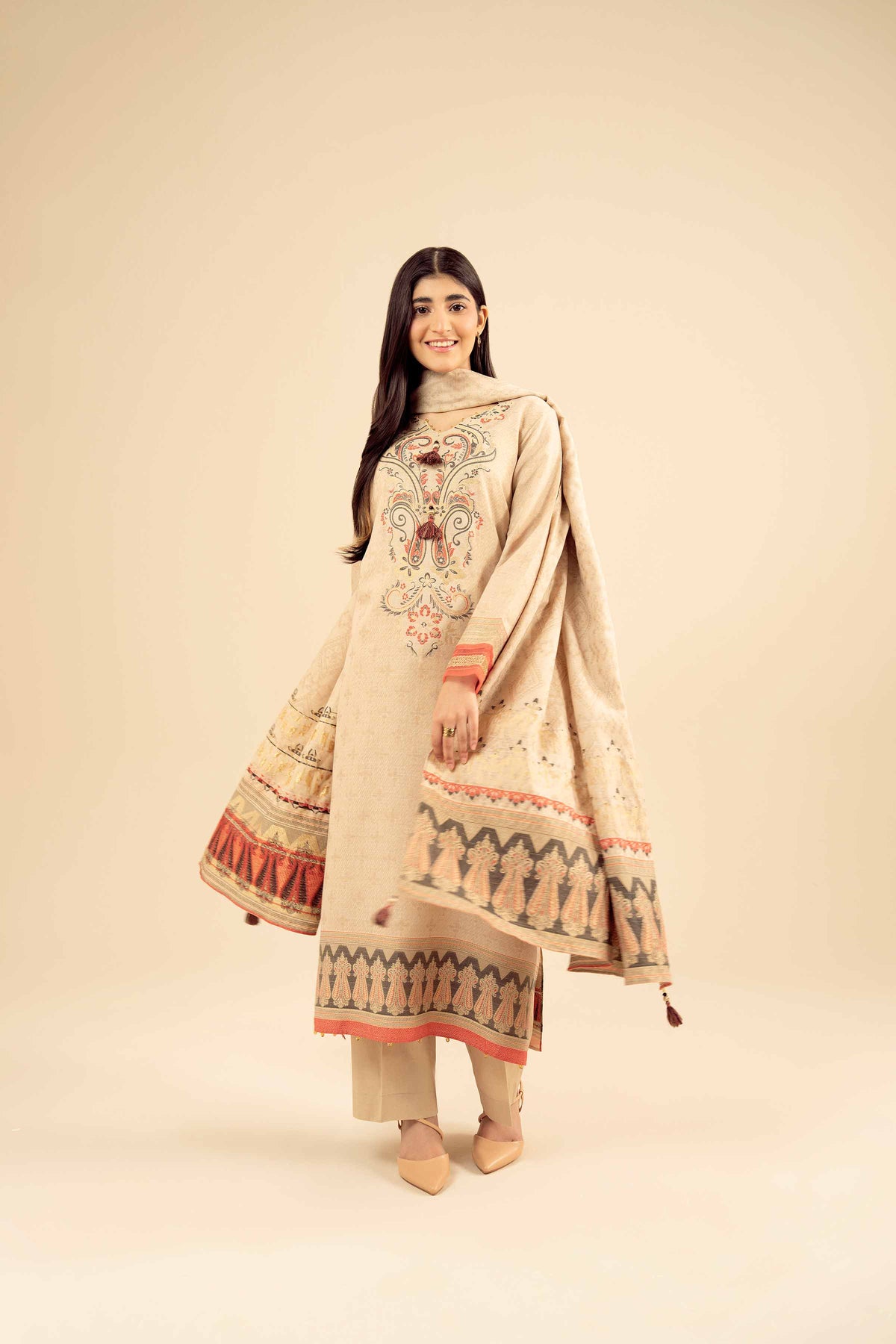 3 Piece - Printed Suit - PW25-457 Beige Jacquard 3PC Printed Nishat Australia