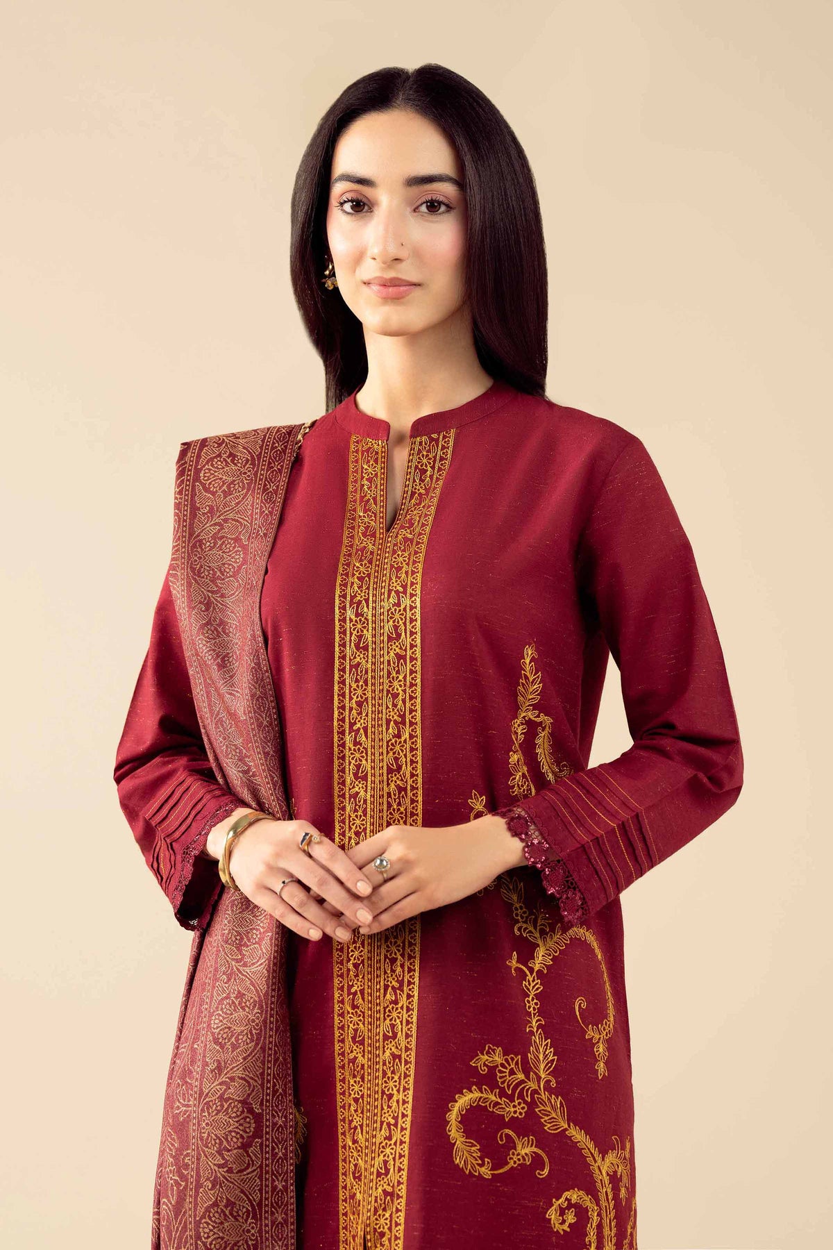 3 Piece - Embroidered Suit - PW25-458 Red Slub 3PC Embroidered Nishat Australia