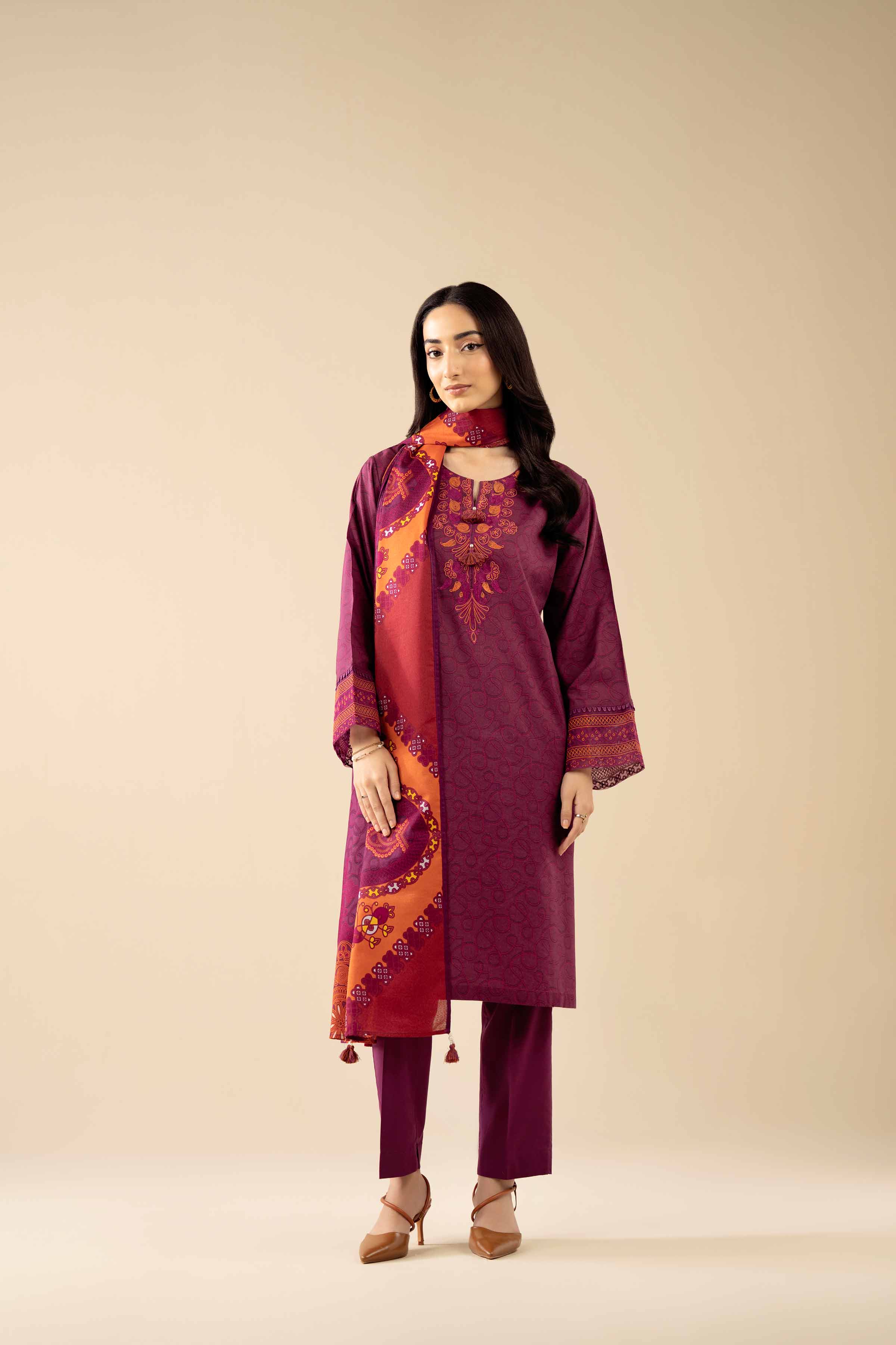 3 Piece - Printed Embroidered Suit - PW25-464 READY TO WEAR Purple Tropical 3PC Embroidered