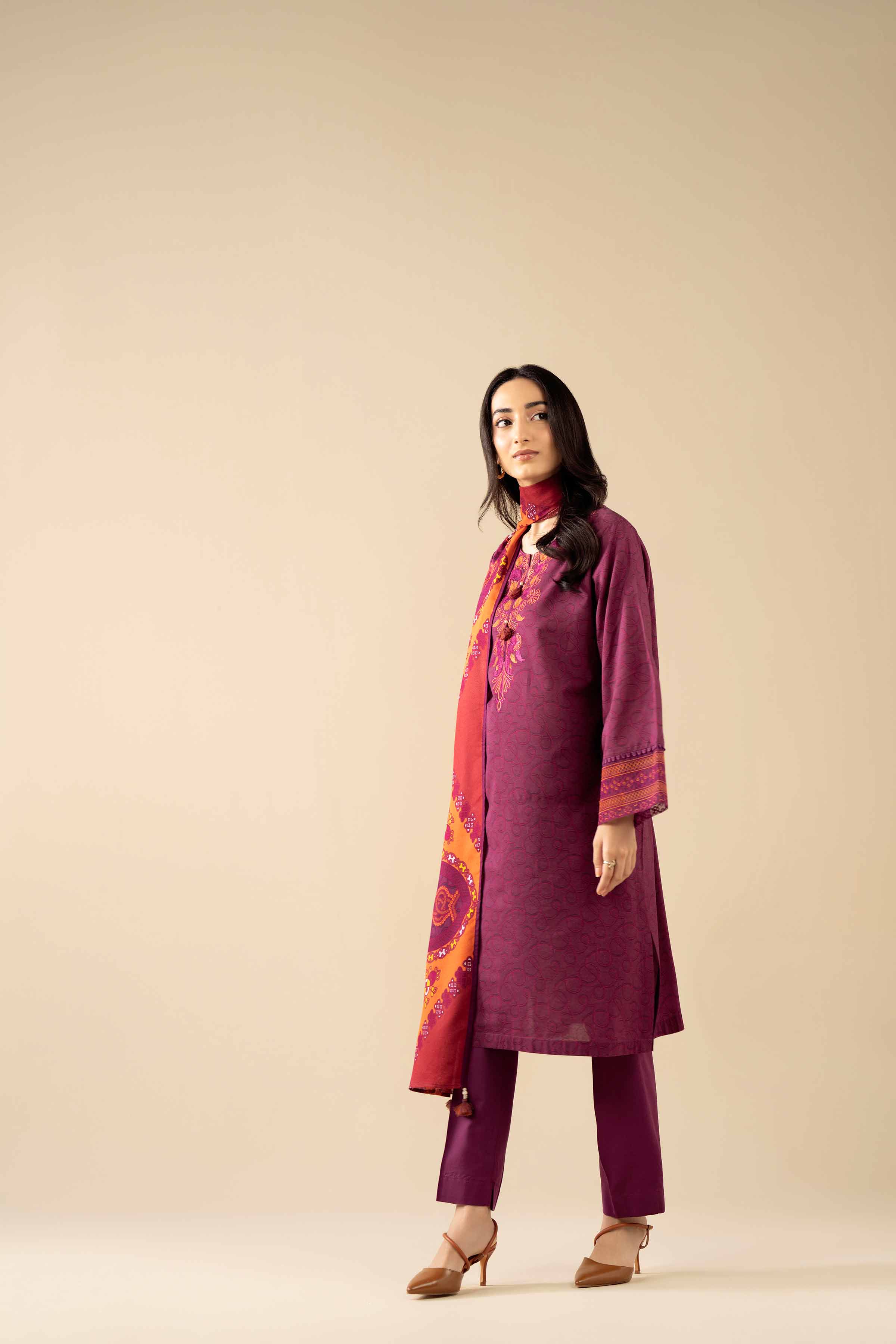 3 Piece - Printed Embroidered Suit - PW25-464 READY TO WEAR Purple Tropical 3PC Embroidered