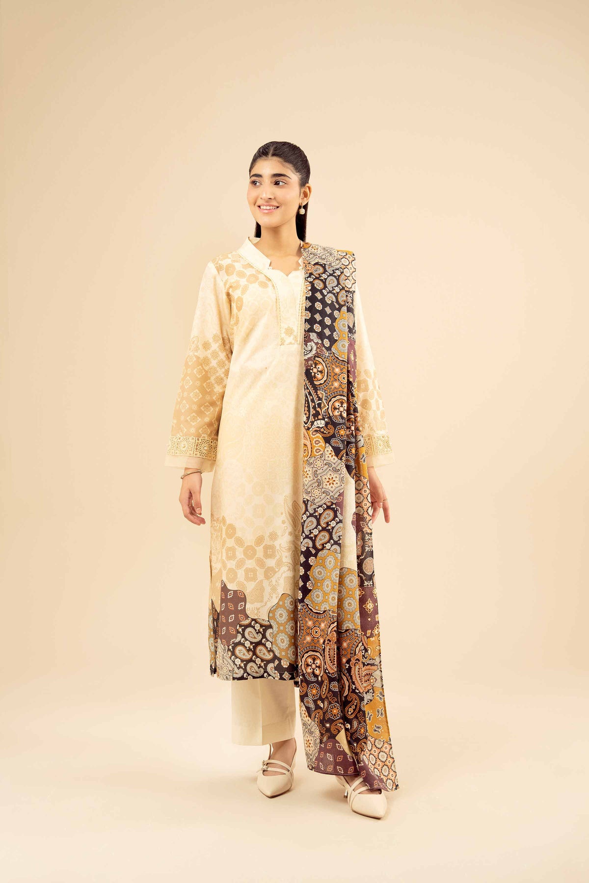 3 Piece - Printed Suit - PW25-466 Beige Wool 3PC Printed Nishat Australia