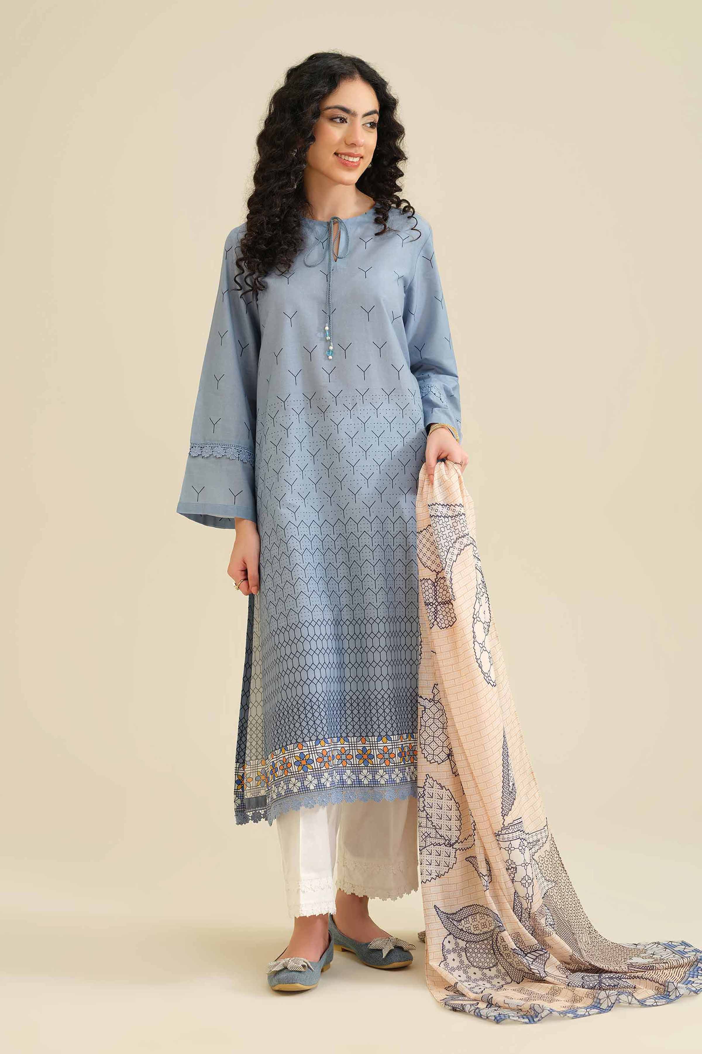 2 Piece - Printed Suit - PW25-48 READY TO WEAR Blue Cambric 2PC Printed