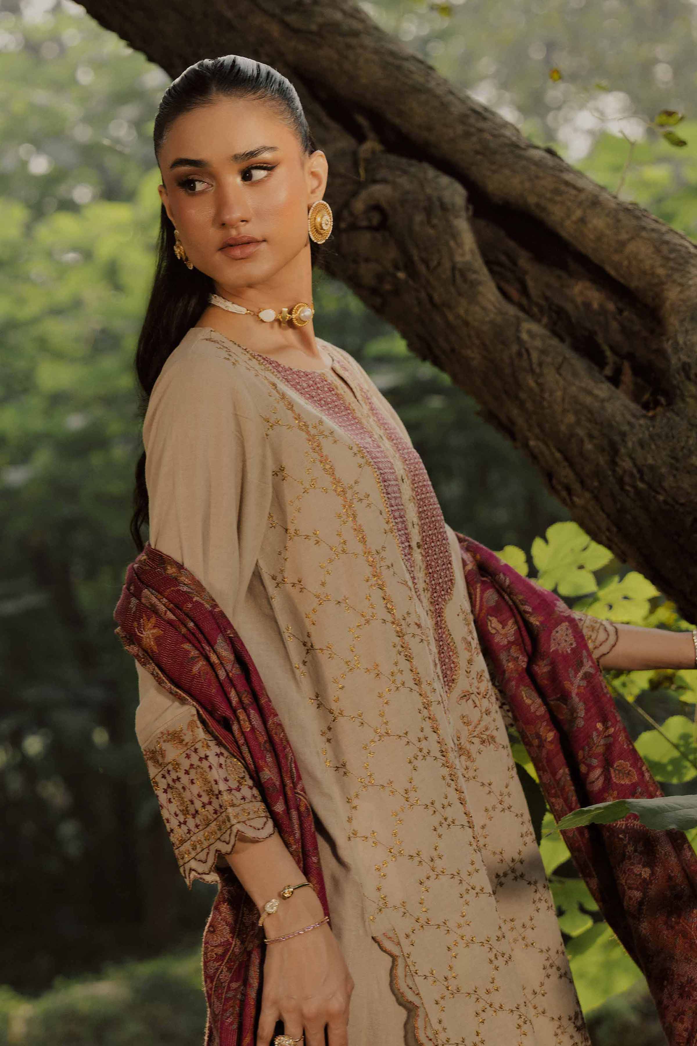 3 Piece - Embroidered Suit - PW25-480 READY TO WEAR Beige Linen 3PC Embroidered