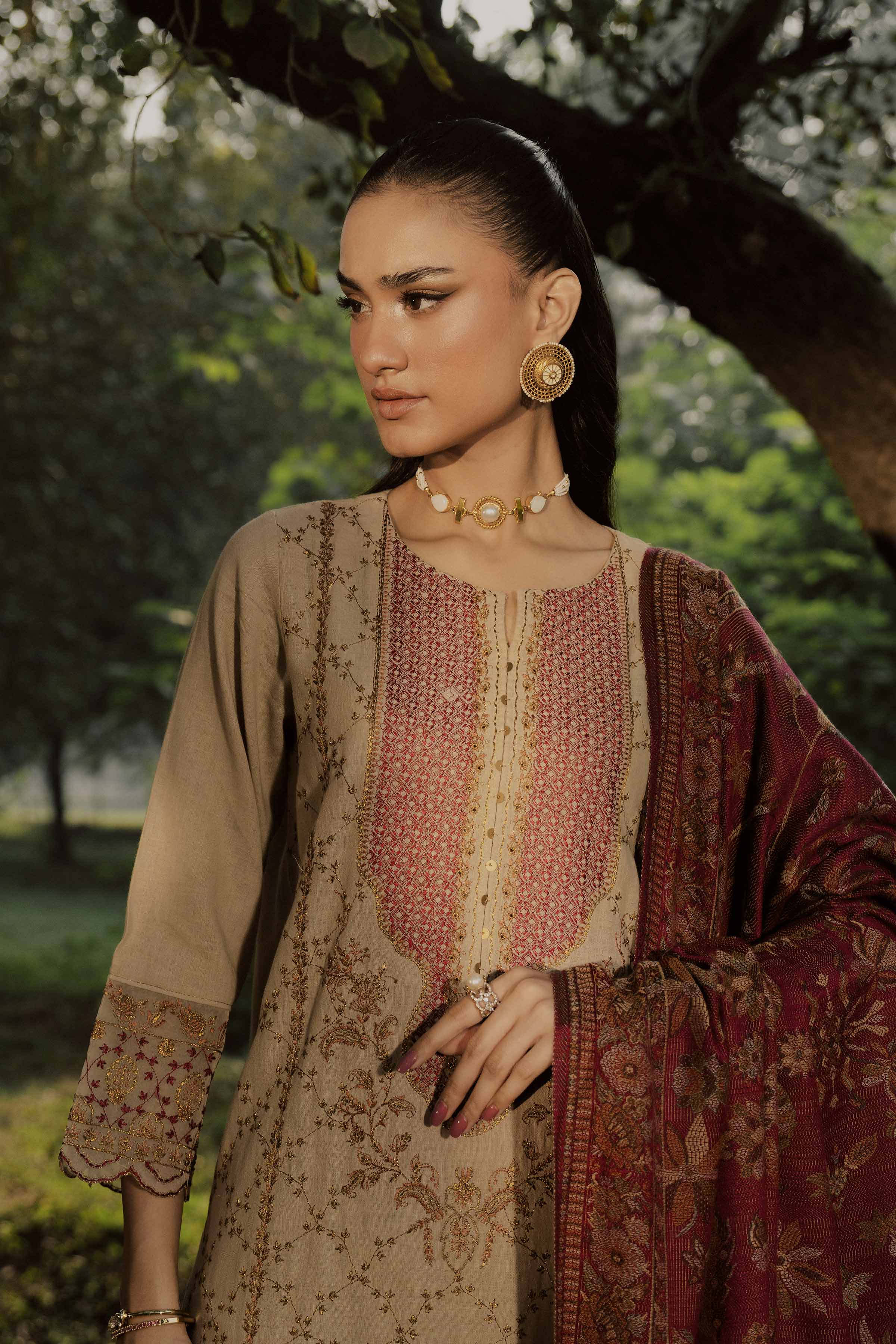 3 Piece - Embroidered Suit - PW25-480 READY TO WEAR Beige Linen 3PC Embroidered