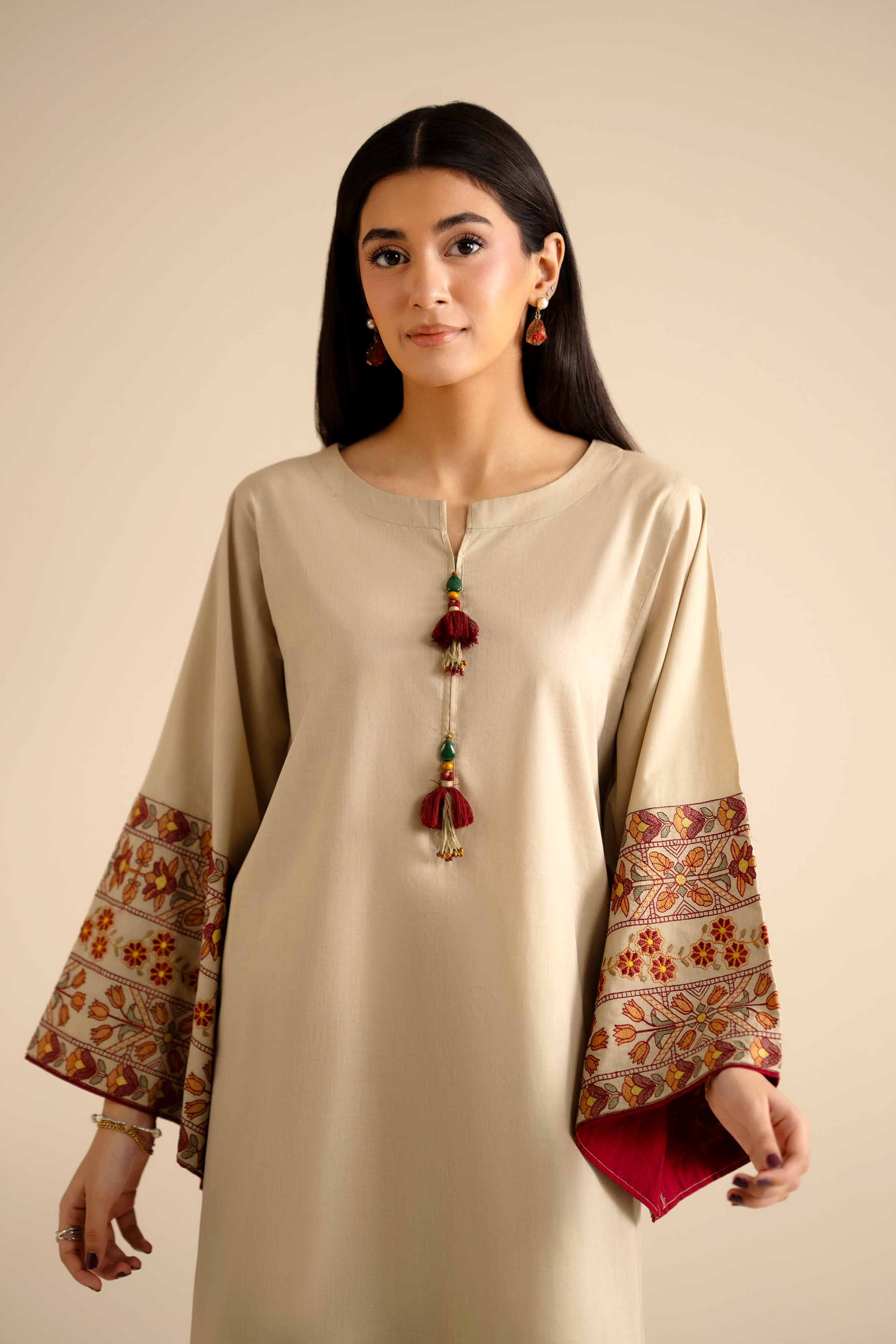 2 Piece - Embroidered Suit - PW25-52 READY TO WEAR Beige Cambric 2PC Embroidered