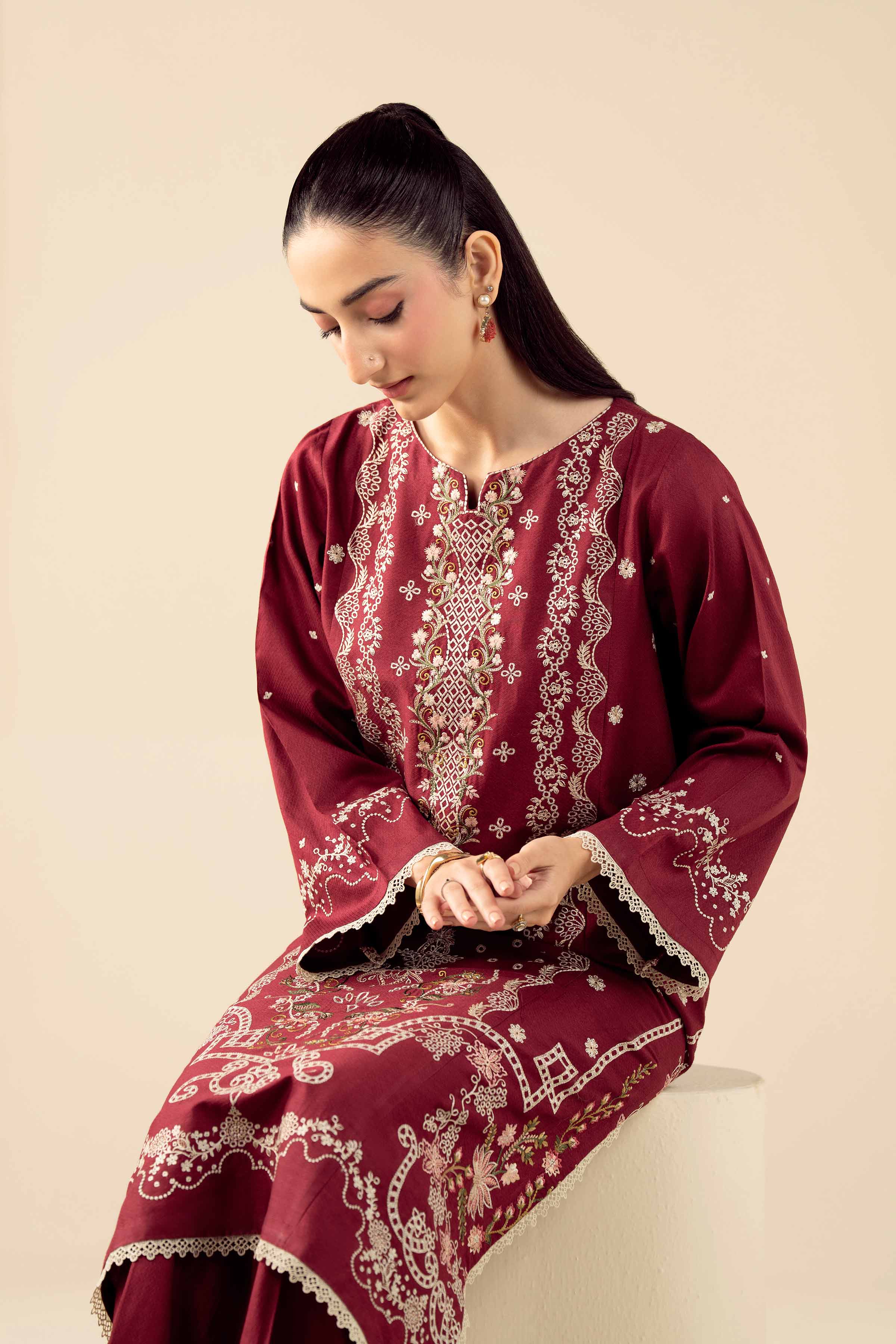 2 Piece - Embroidered Suit - PW25-530 READY TO WEAR Red Dobby 2PC Embroidered