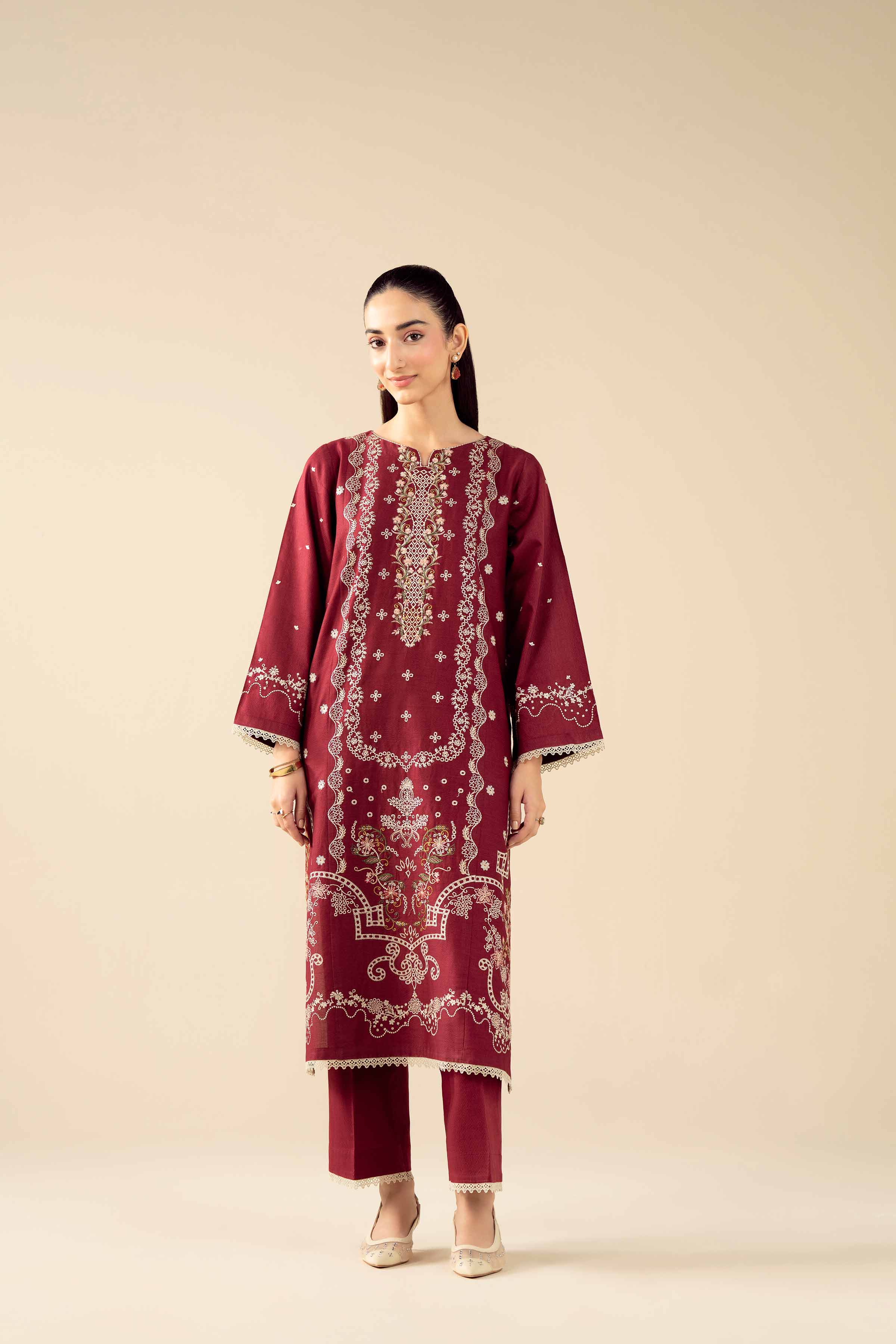 2 Piece - Embroidered Suit - PW25-530 READY TO WEAR Red Dobby 2PC Embroidered