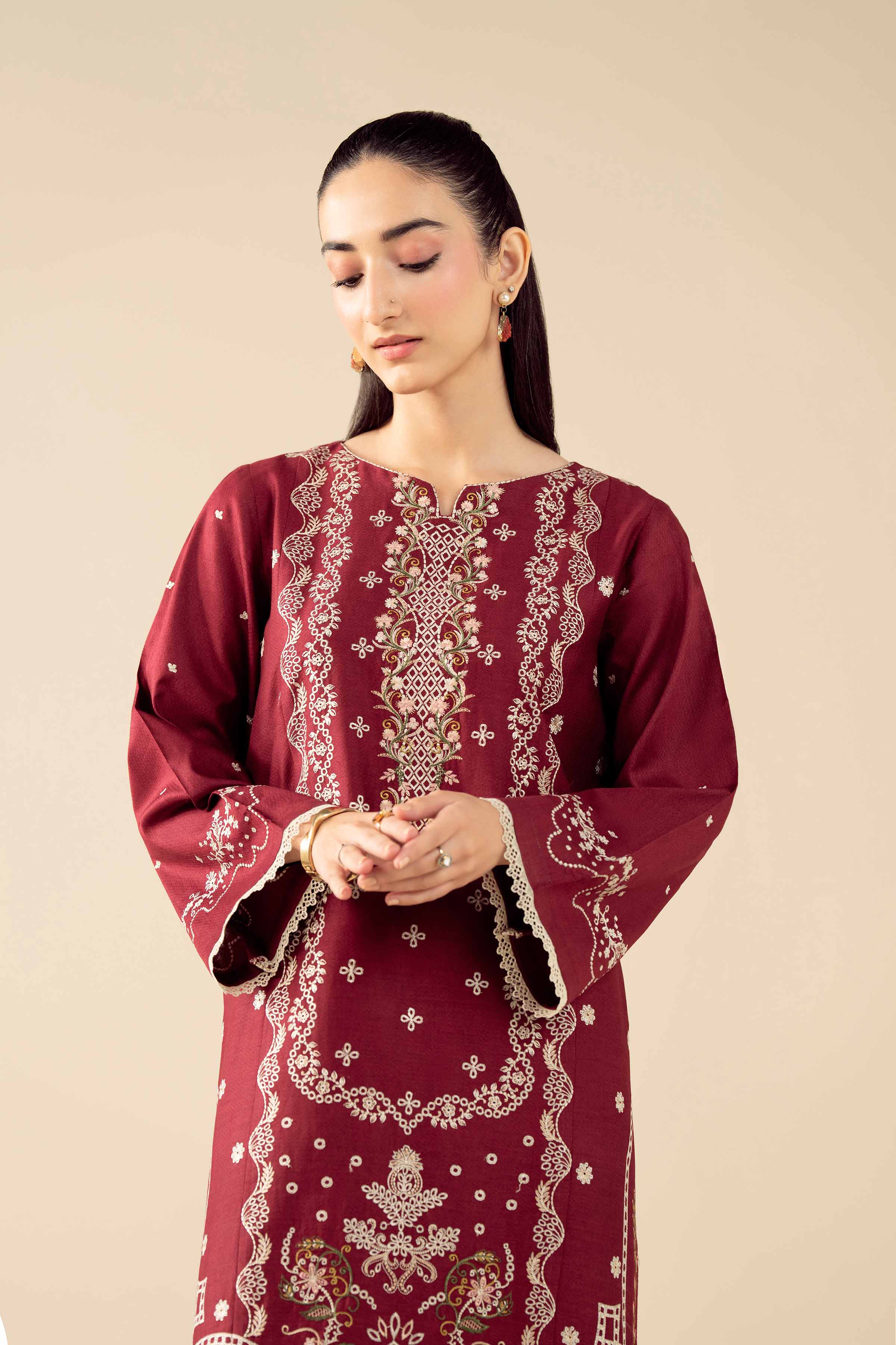 2 Piece - Embroidered Suit - PW25-530 READY TO WEAR Red Dobby 2PC Embroidered