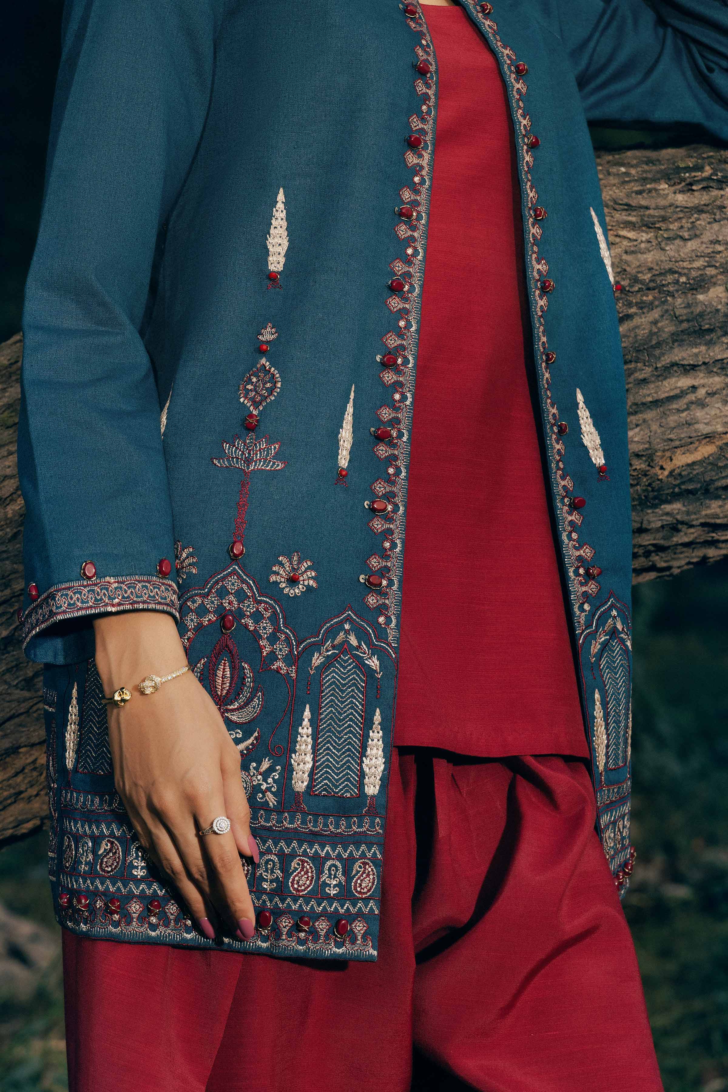 Embroidered Jacket - PW25-545 READY TO WEAR Blue Karandi 1PC Embroidered