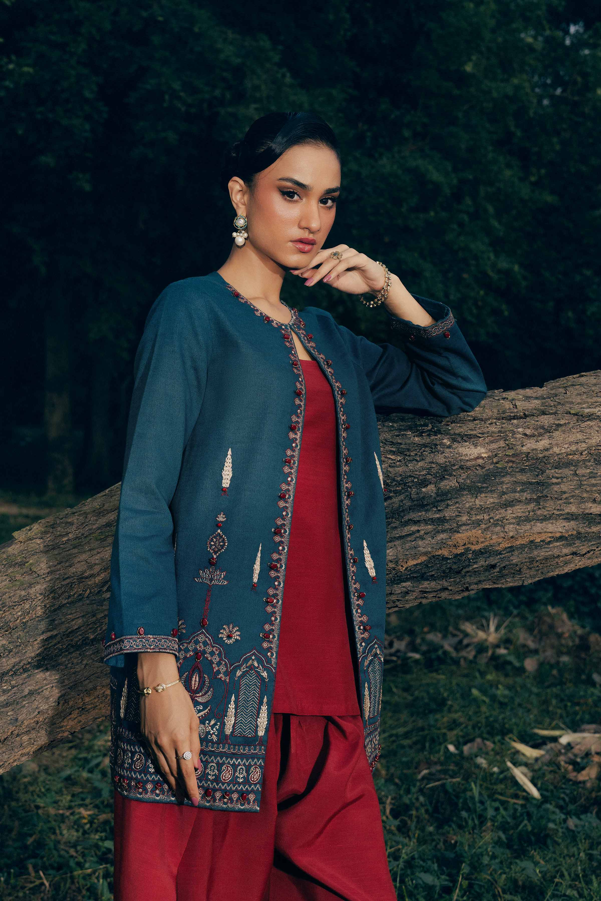 Embroidered Jacket - PW25-545 READY TO WEAR Blue Karandi 1PC Embroidered