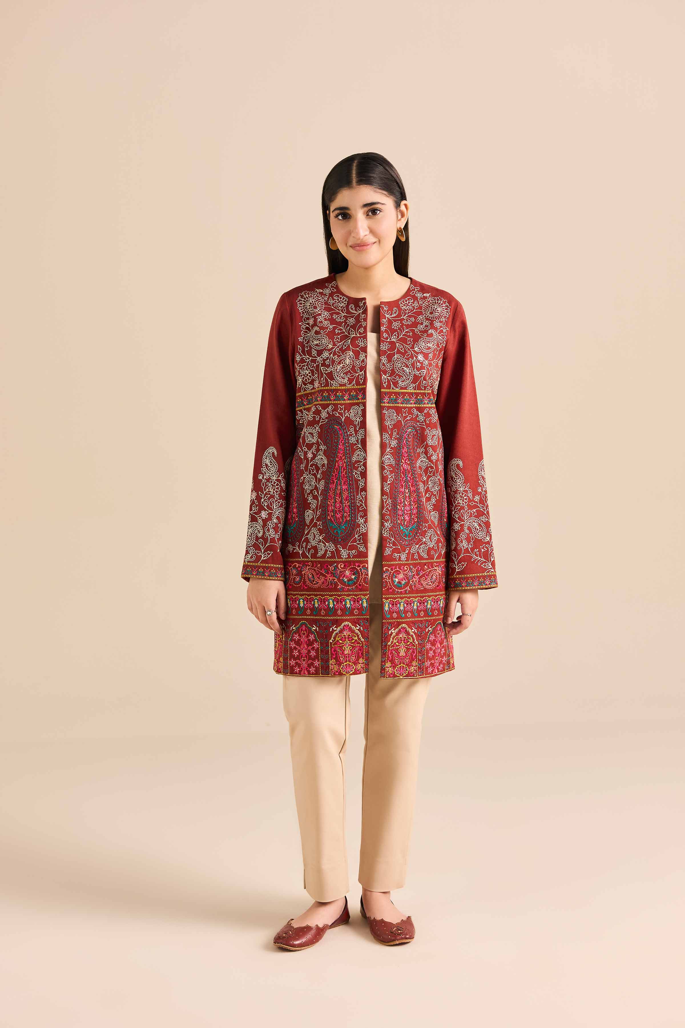 Embroidered Jacket - PW25-548 READY TO WEAR Orange Karandi 1PC Embroidered