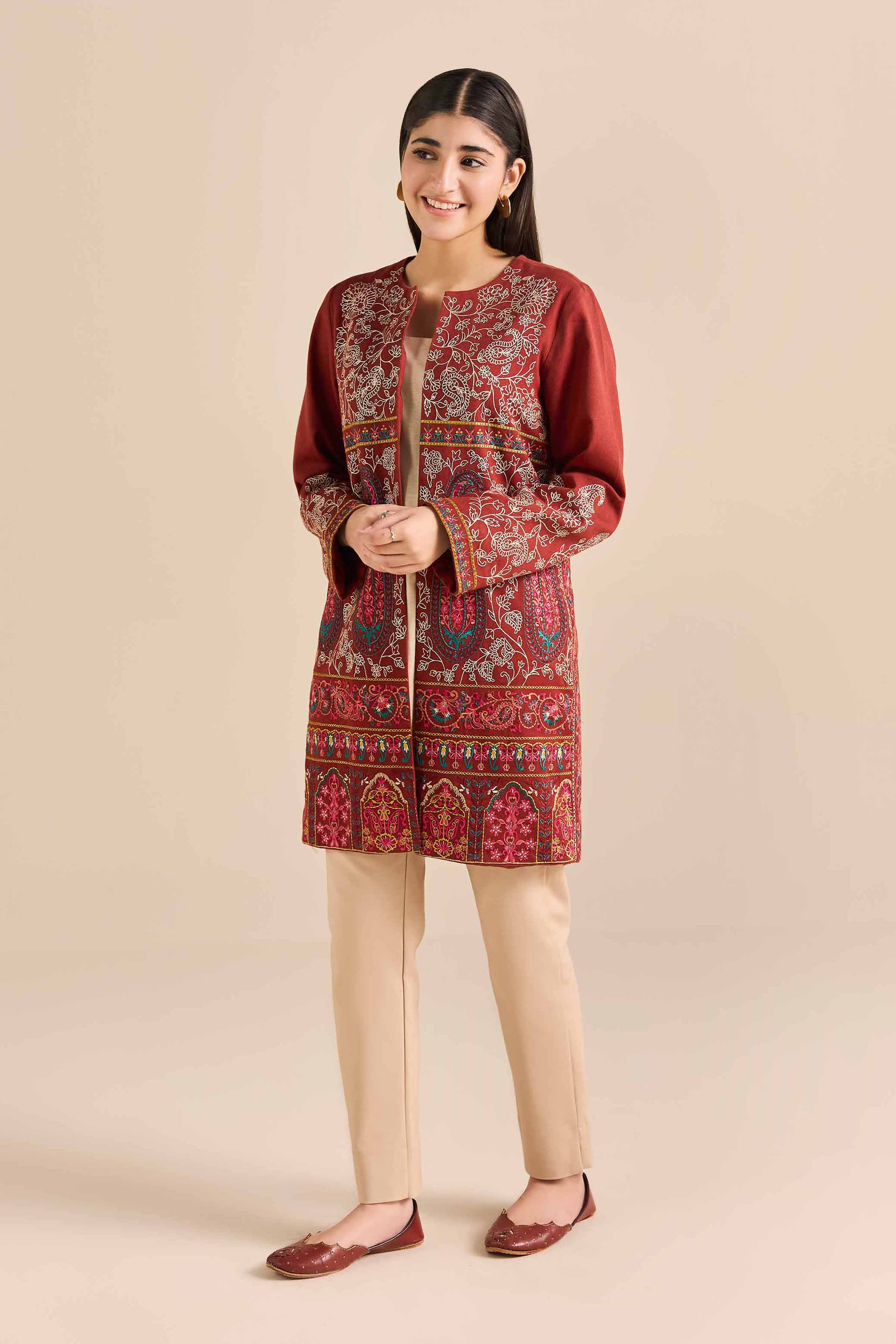 Embroidered Jacket - PW25-548 READY TO WEAR Orange Karandi 1PC Embroidered