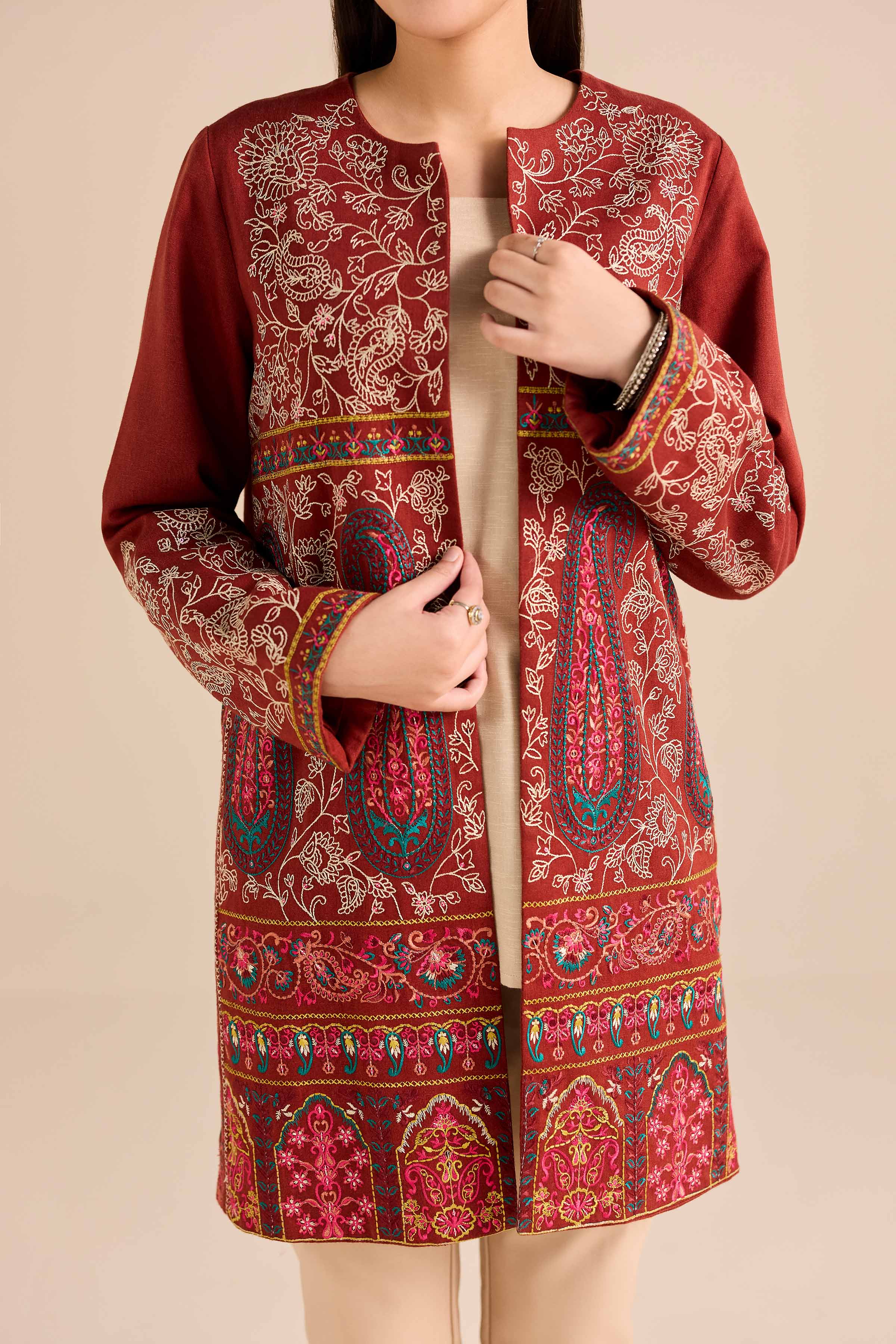 Embroidered Jacket - PW25-548 READY TO WEAR Orange Karandi 1PC Embroidered