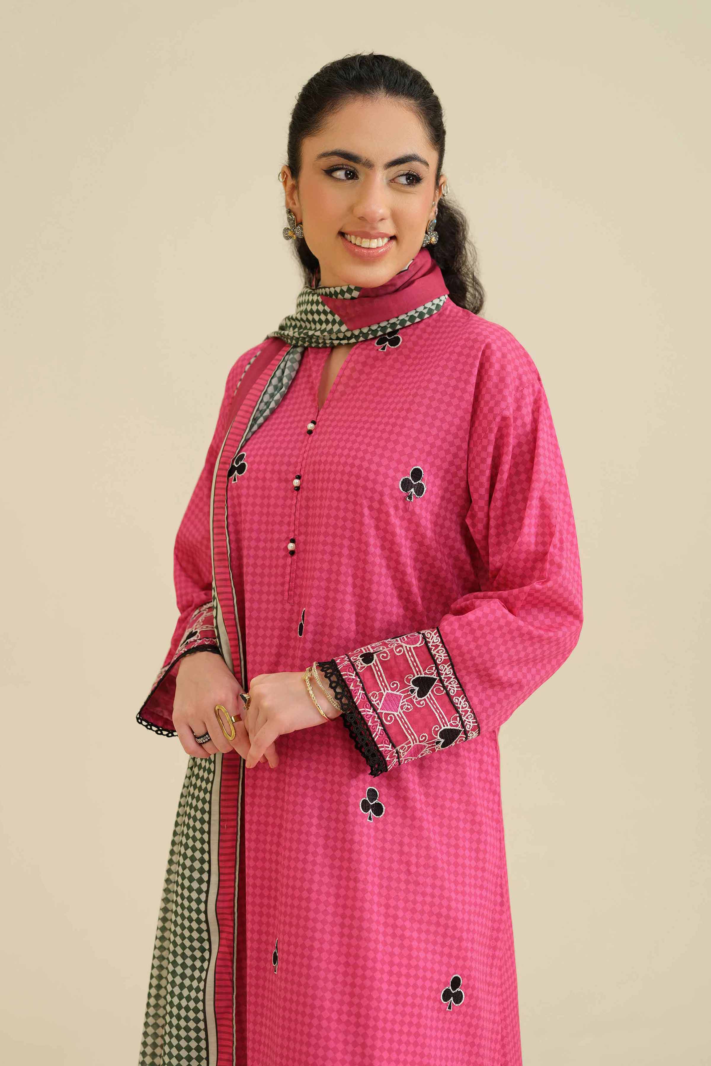 2 Piece - Printed Embroidered Suit - PW25-56 READY TO WEAR Pink Cambric 2PC Embroidered