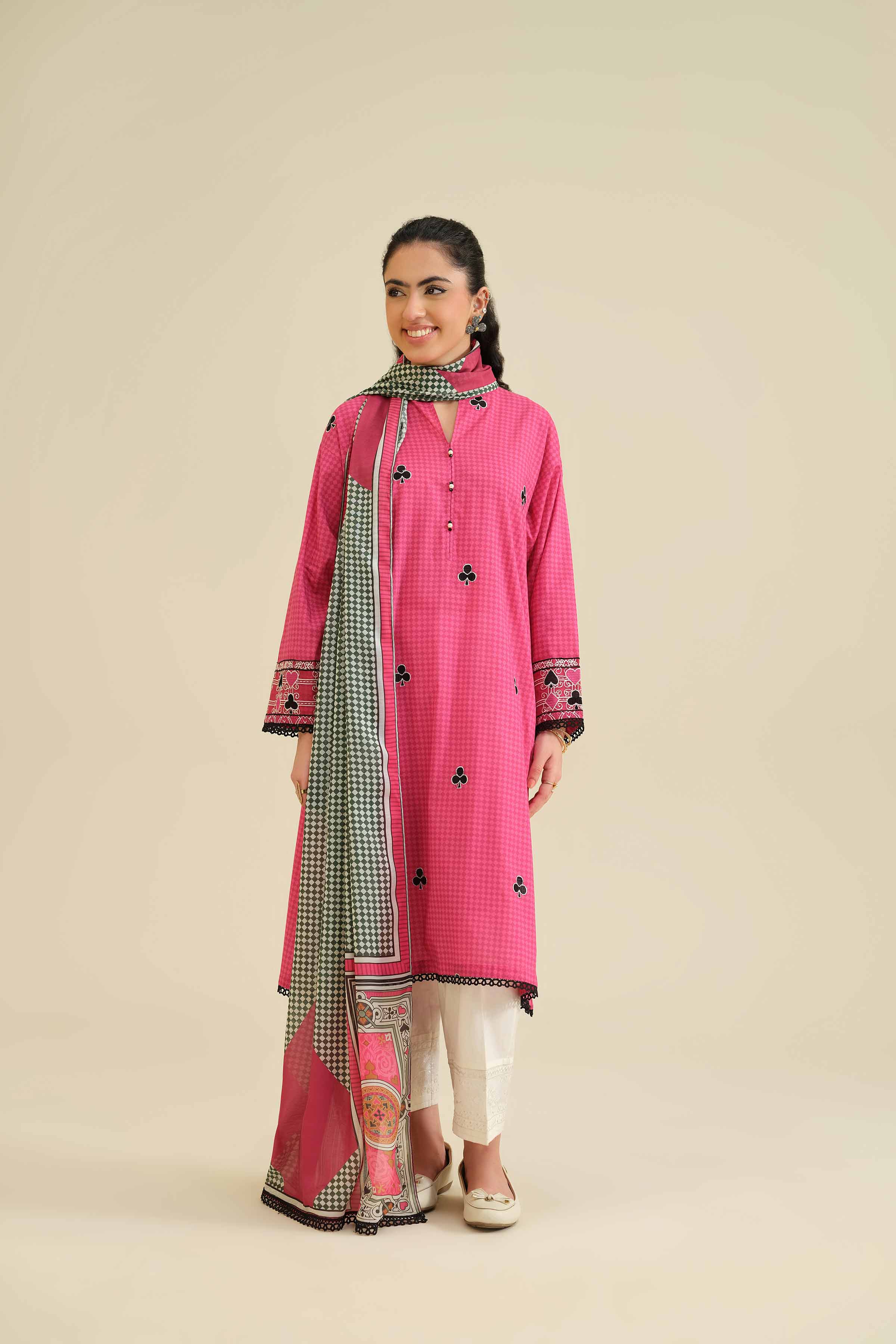 2 Piece - Printed Embroidered Suit - PW25-56 READY TO WEAR Pink Cambric 2PC Embroidered
