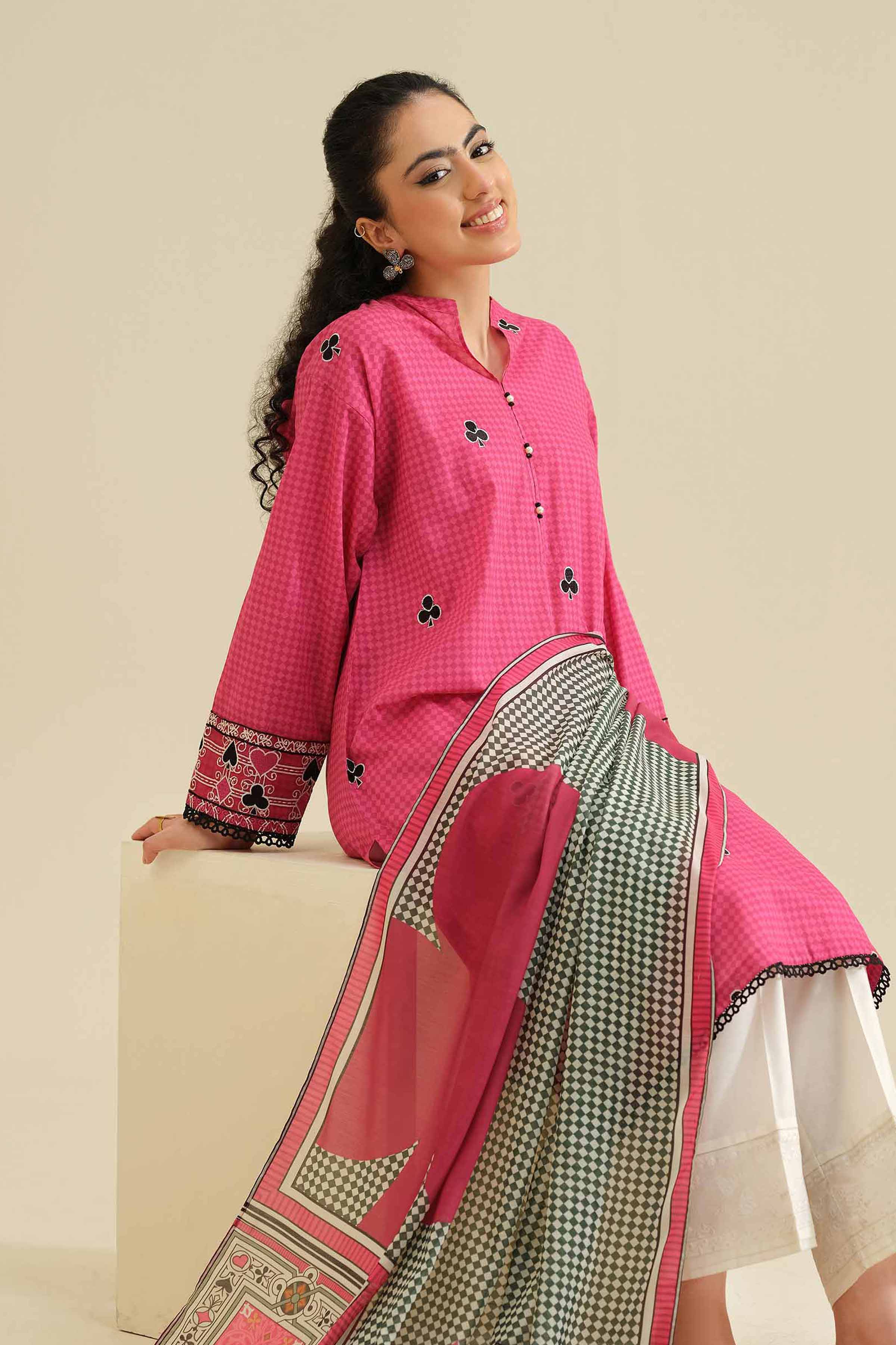 2 Piece - Printed Embroidered Suit - PW25-56 READY TO WEAR Pink Cambric 2PC Embroidered