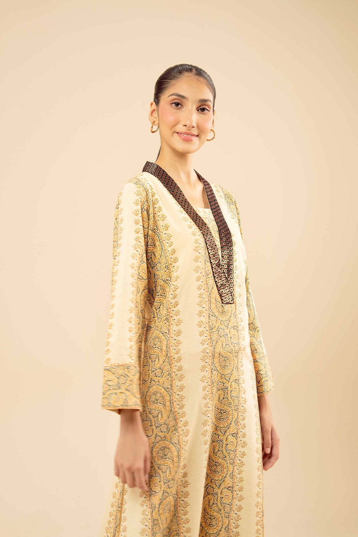 Printed Embroidered Shirt - PW25-569 Beige Karandi 1PC Embroidered Nishat Australia