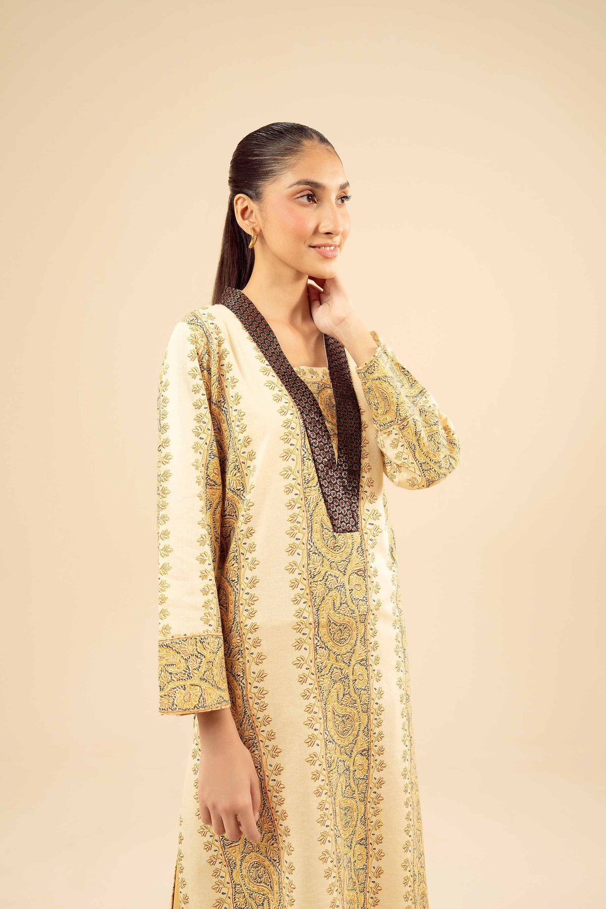 Printed Embroidered Shirt - PW25-569 Beige Karandi 1PC Embroidered Nishat Australia