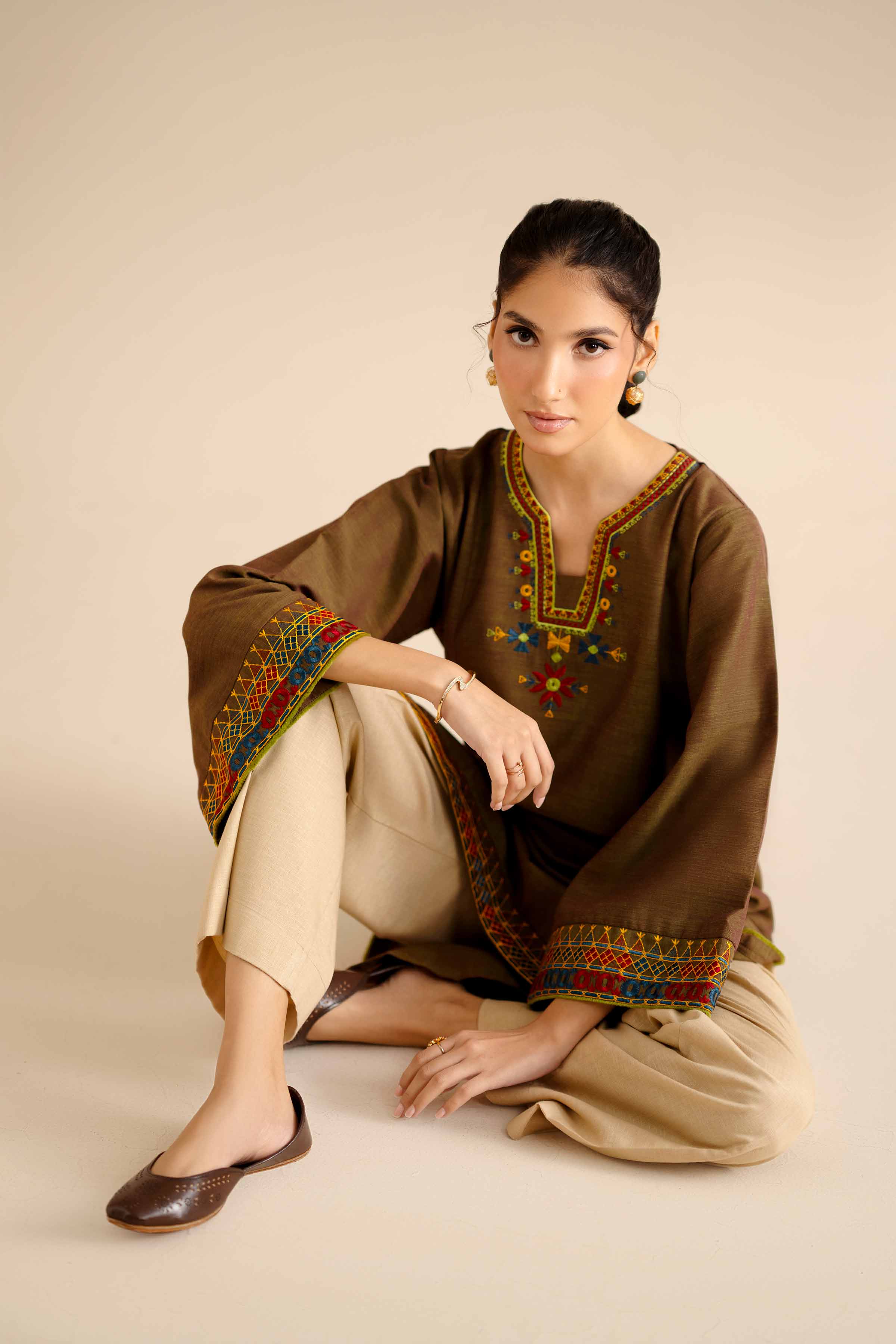 Embroidered Shirt - PW25-571 READY TO WEAR Brown Khaddar 1PC Embroidered