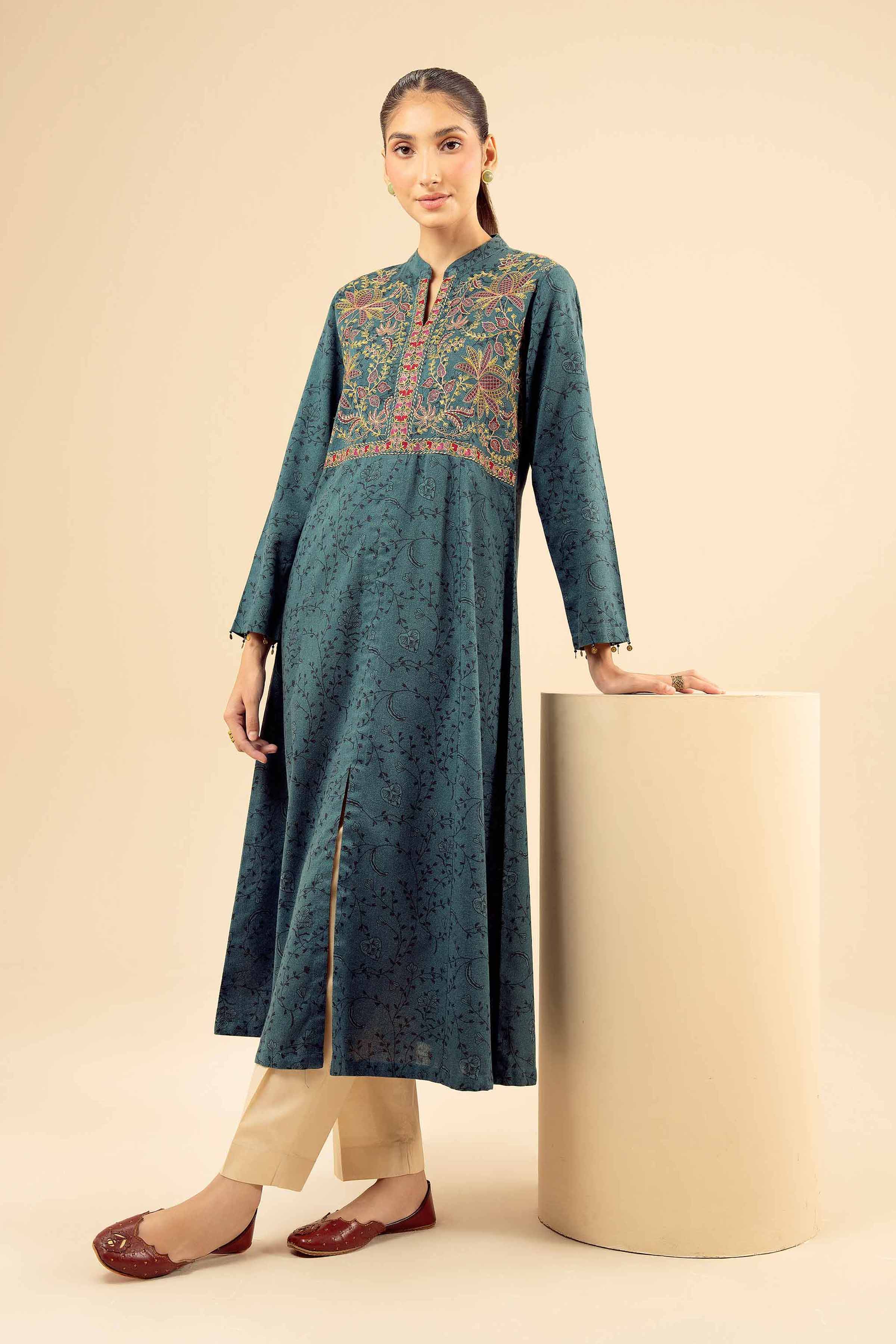 Printed Embroidered Shirt - PW25-579 READY TO WEAR Green Karandi 1PC Embroidered