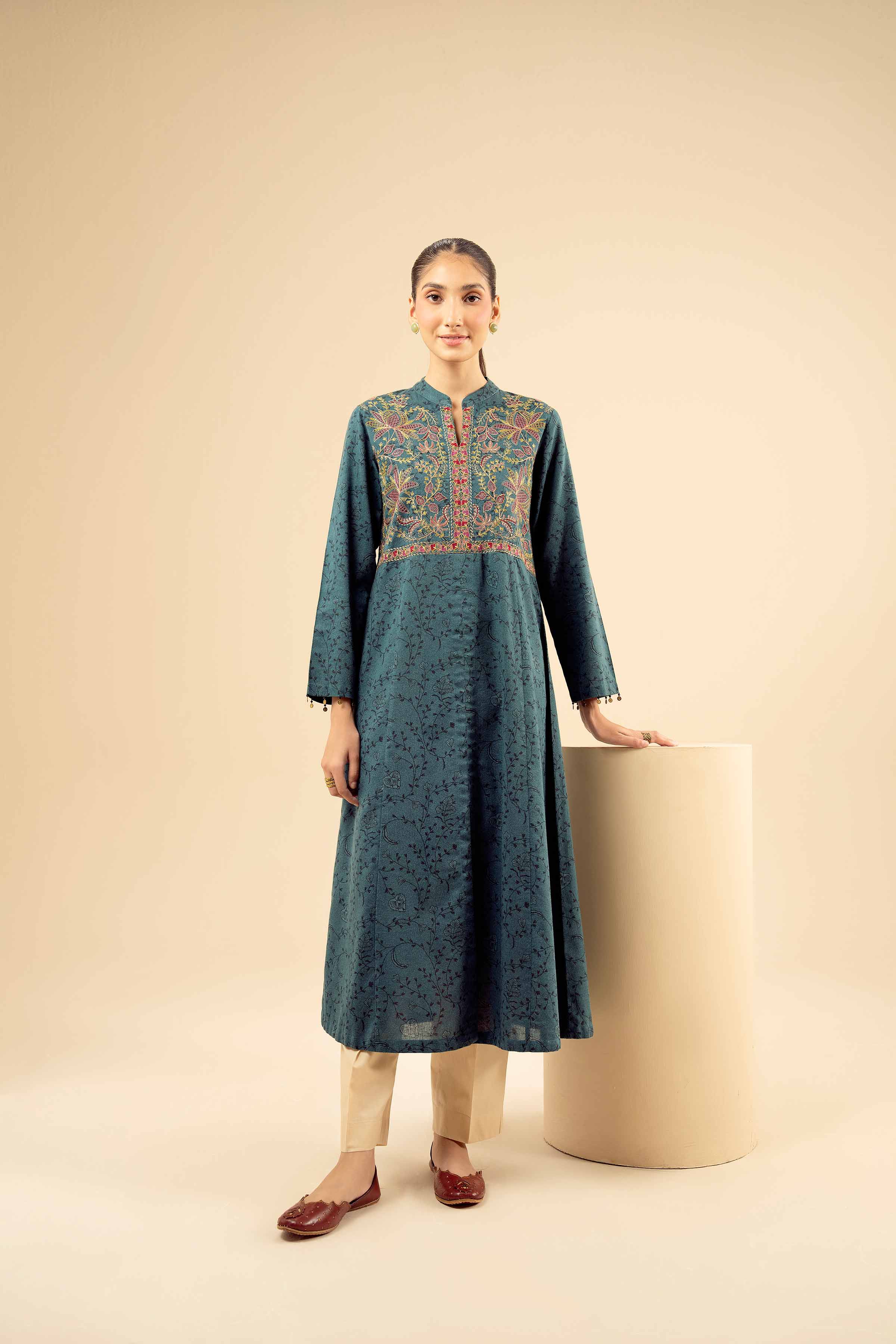 Printed Embroidered Shirt - PW25-579 READY TO WEAR Green Karandi 1PC Embroidered