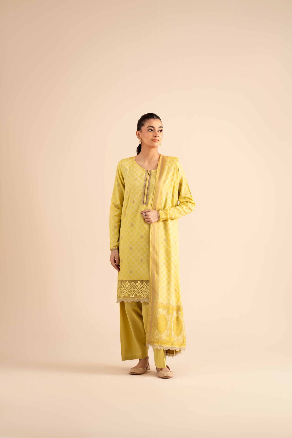 3 Piece - Basic Suit - PW25-593 Yellow Jacquard 3PC Solids Nishat Australia