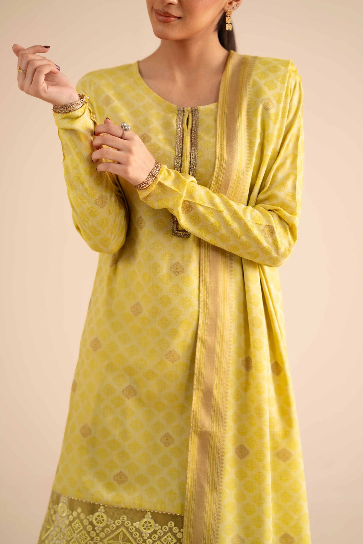 3 Piece - Basic Suit - PW25-593 Yellow Jacquard 3PC Solids Nishat Australia