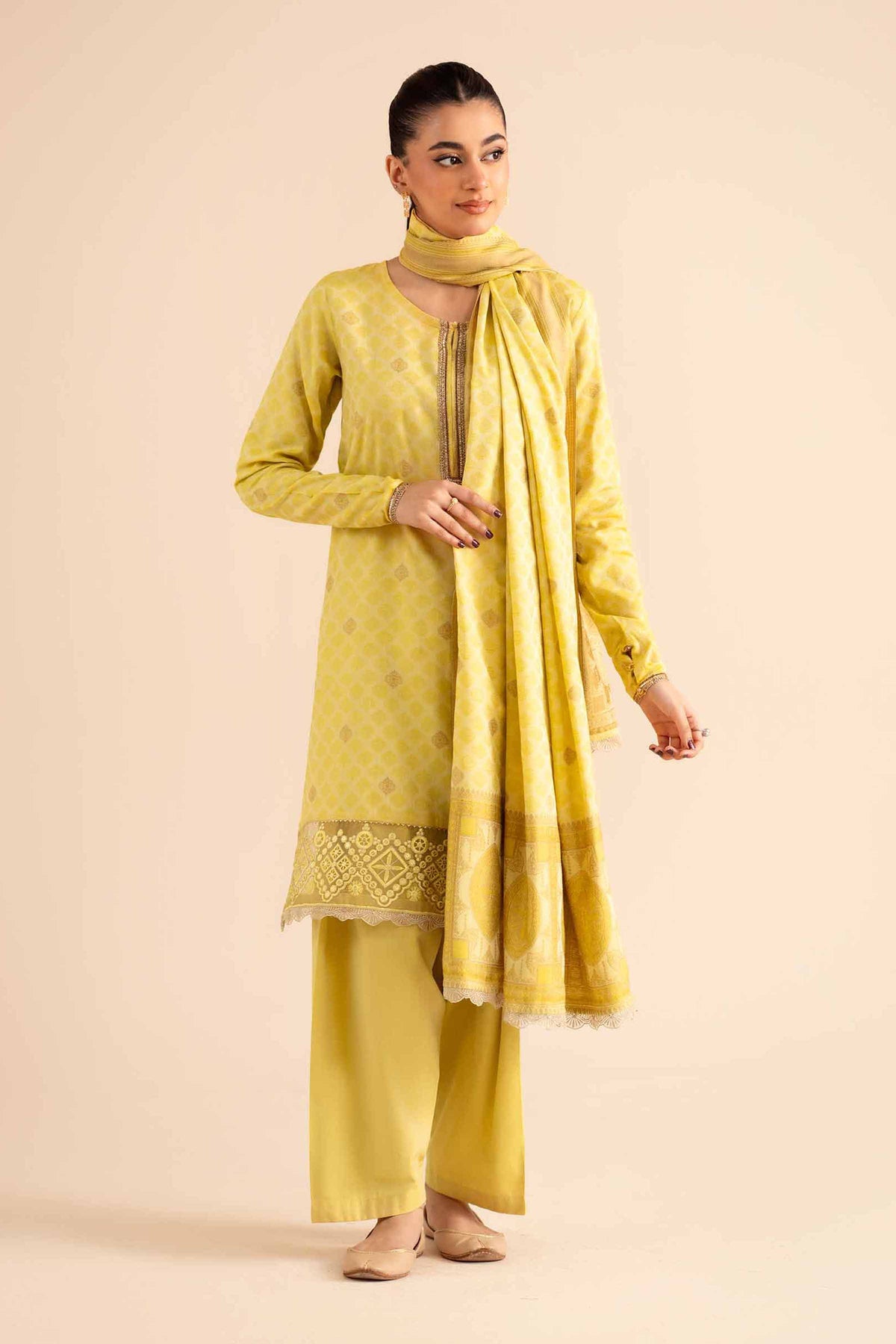 3 Piece - Basic Suit - PW25-593 Yellow Jacquard 3PC Solids Nishat Australia