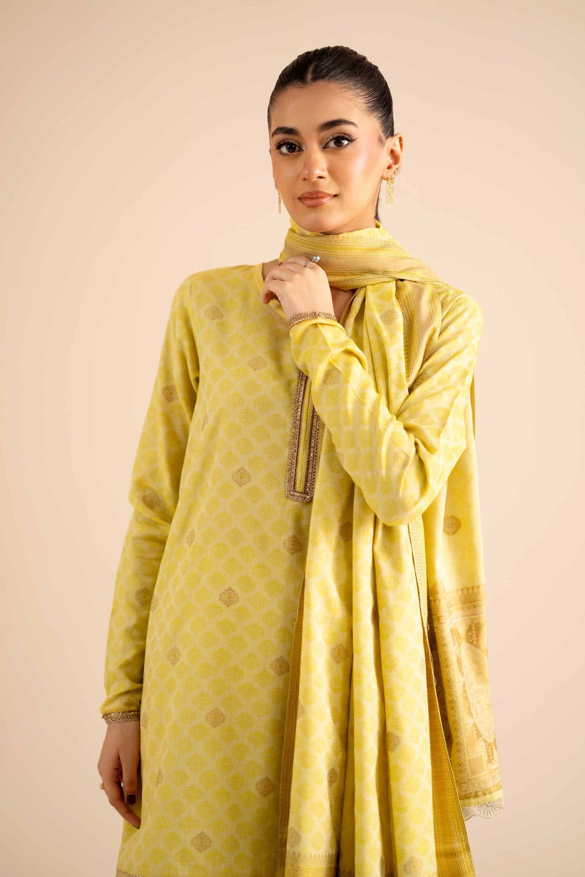 3 Piece - Basic Suit - PW25-593 Yellow Jacquard 3PC Solids Nishat Australia