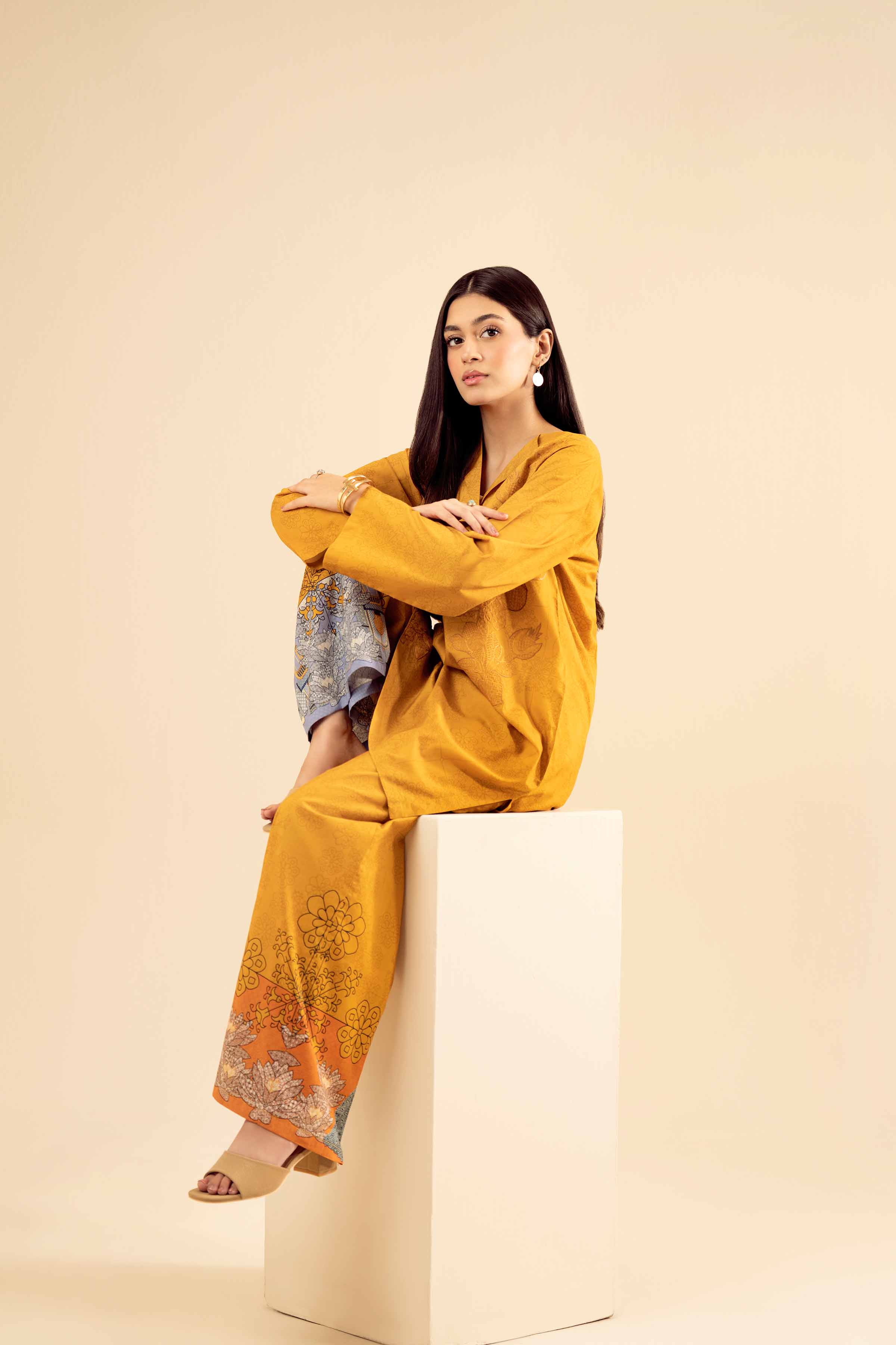 2 Piece - Printed Embroidered Suit - PW25-67 READY TO WEAR Yellow Cambric 2PC Embroidered