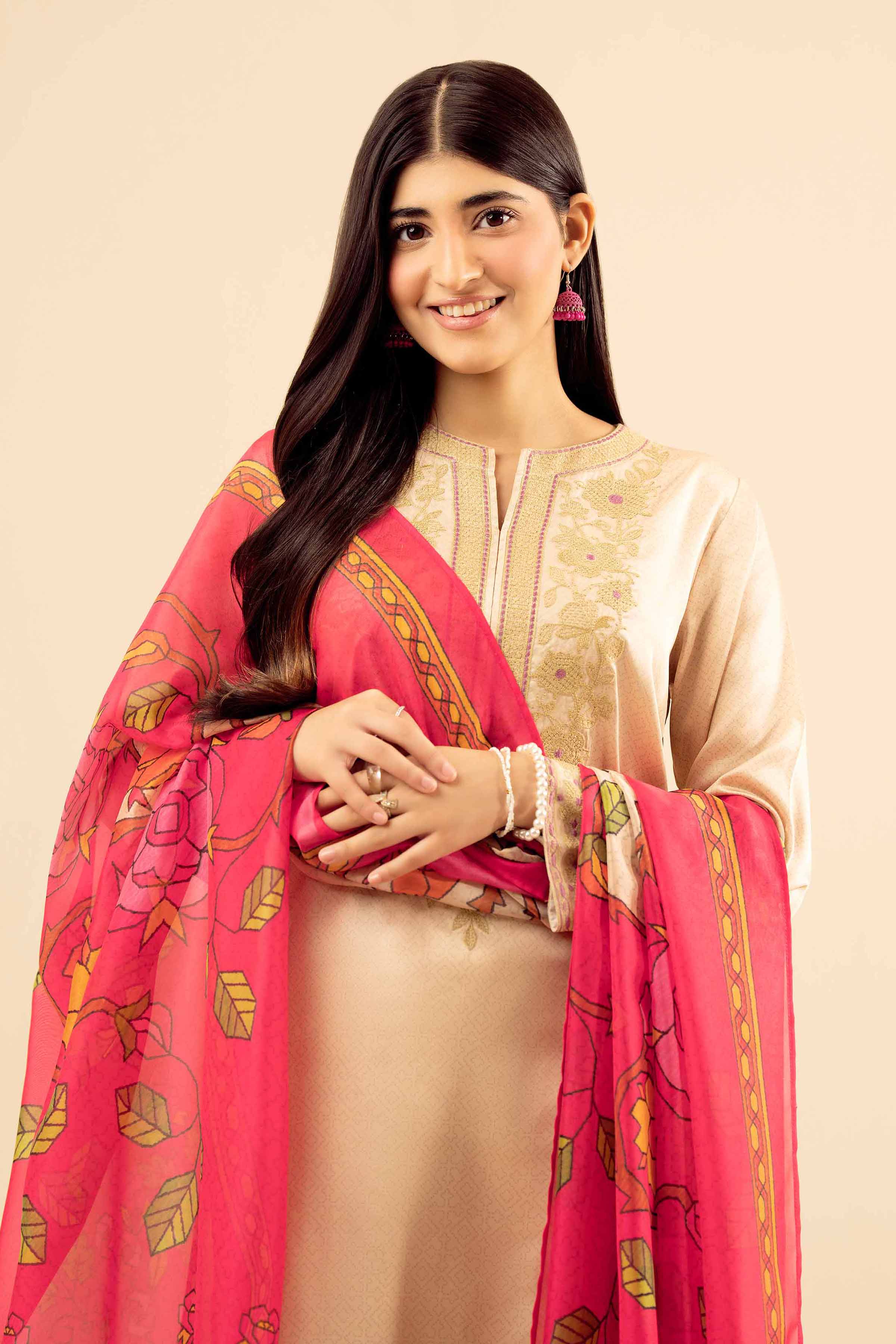 3 Piece - Printed Embroidered Suit - PW25-68 READY TO WEAR Yellow Silk 3PC Embroidered