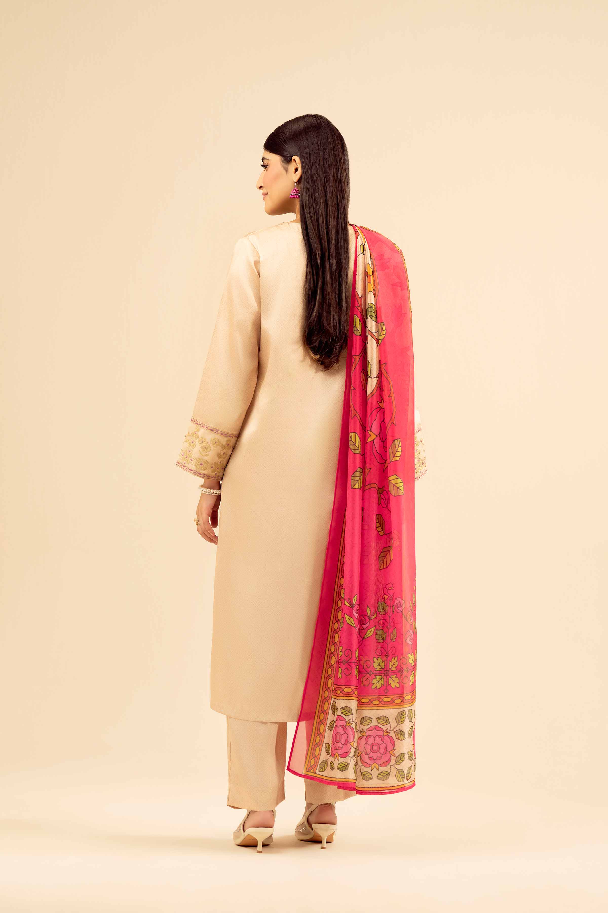 3 Piece - Printed Embroidered Suit - PW25-68 READY TO WEAR Yellow Silk 3PC Embroidered