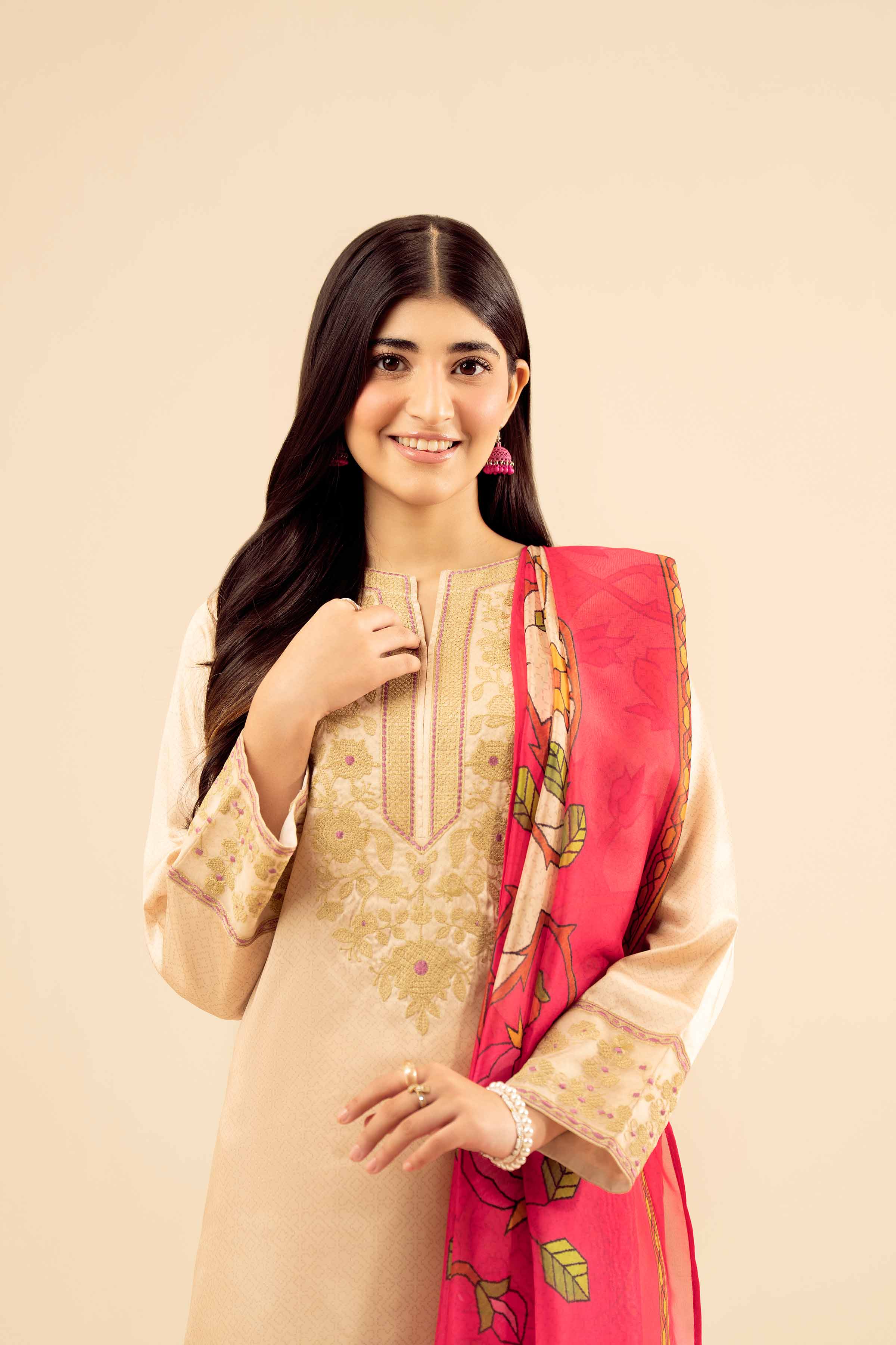3 Piece - Printed Embroidered Suit - PW25-68 READY TO WEAR Yellow Silk 3PC Embroidered