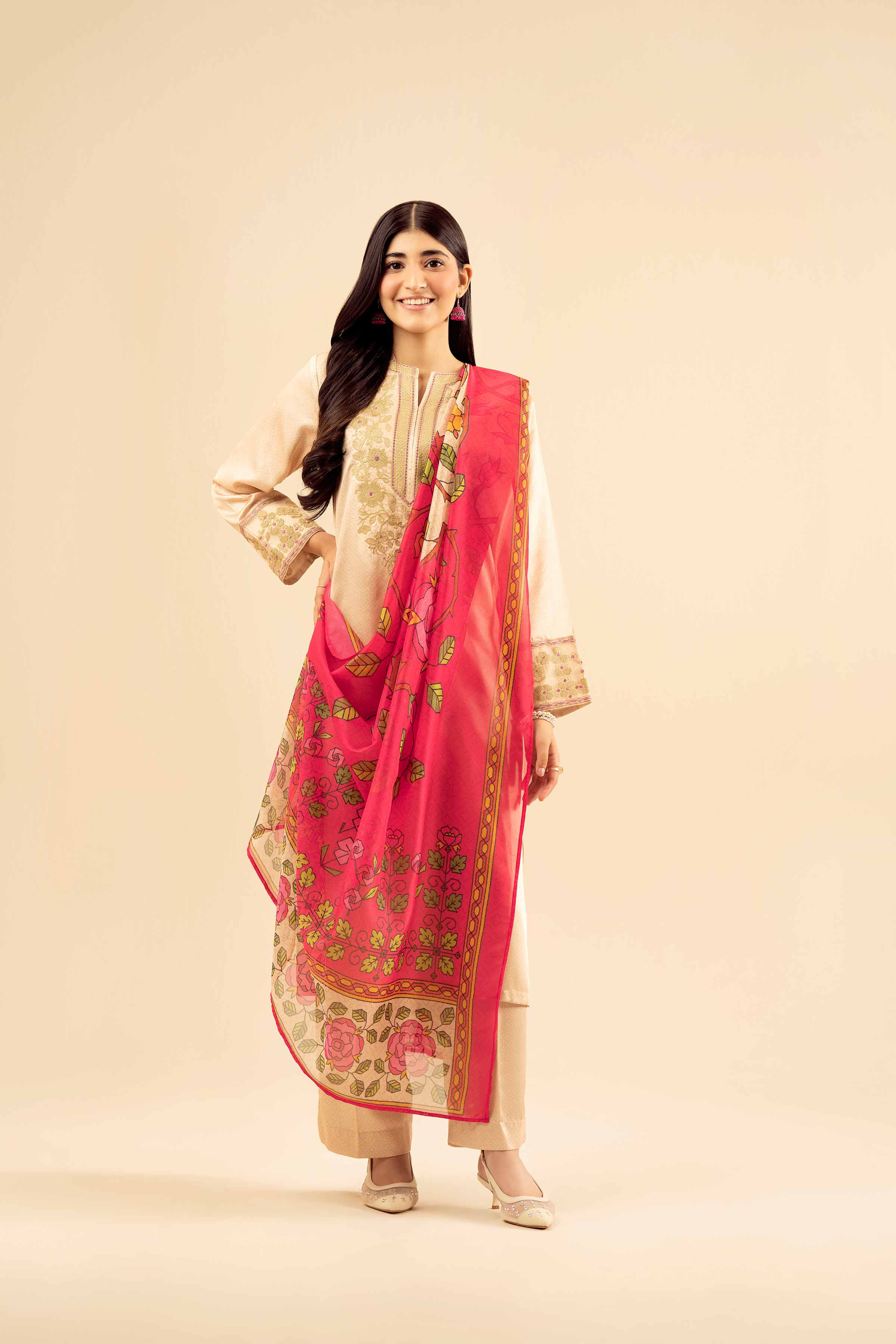 3 Piece - Printed Embroidered Suit - PW25-68 READY TO WEAR Yellow Silk 3PC Embroidered