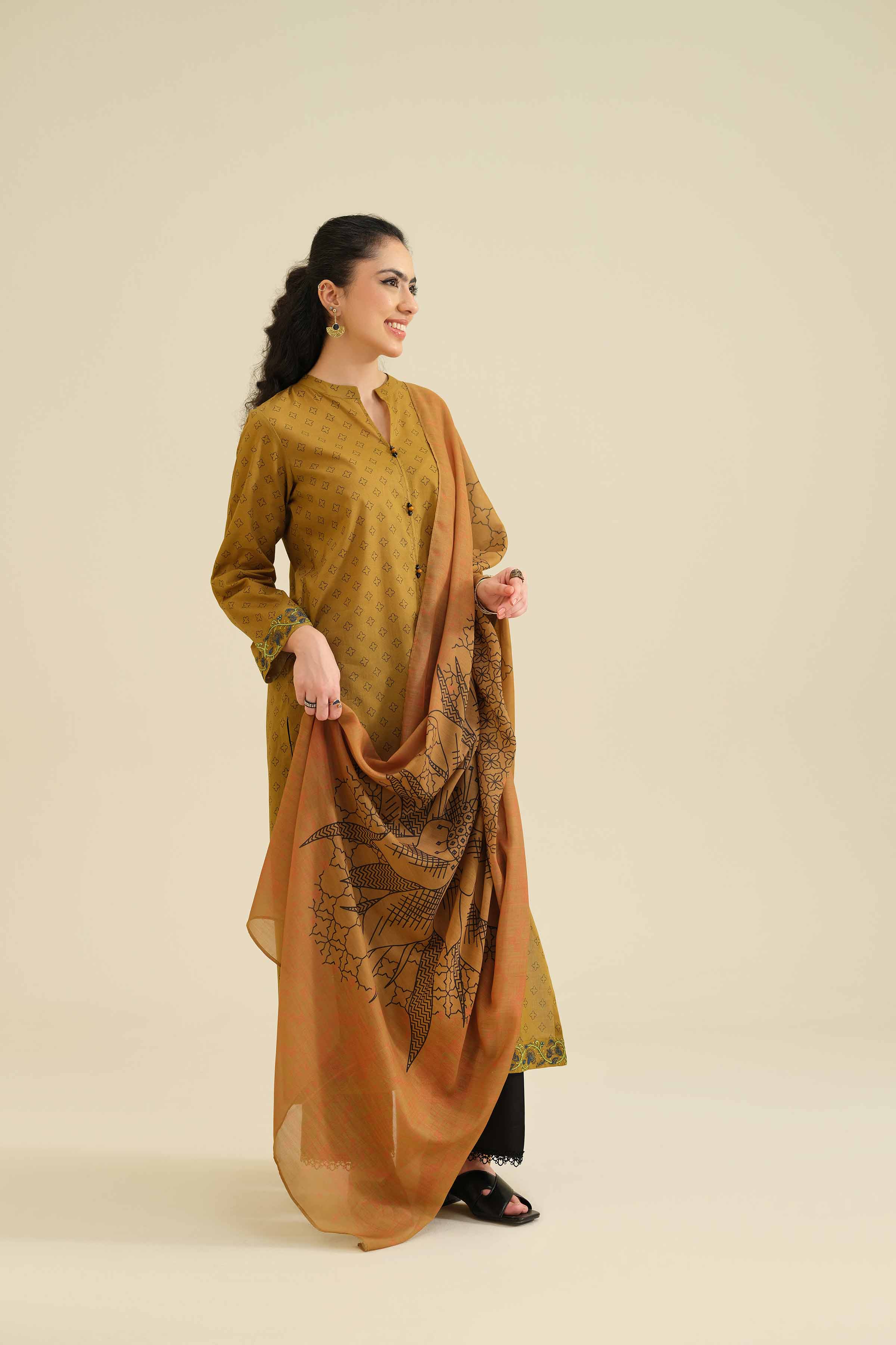 2 Piece - Printed Embroidered Suit - PW25-72 READY TO WEAR Brown Cambric 2PC Embroidered