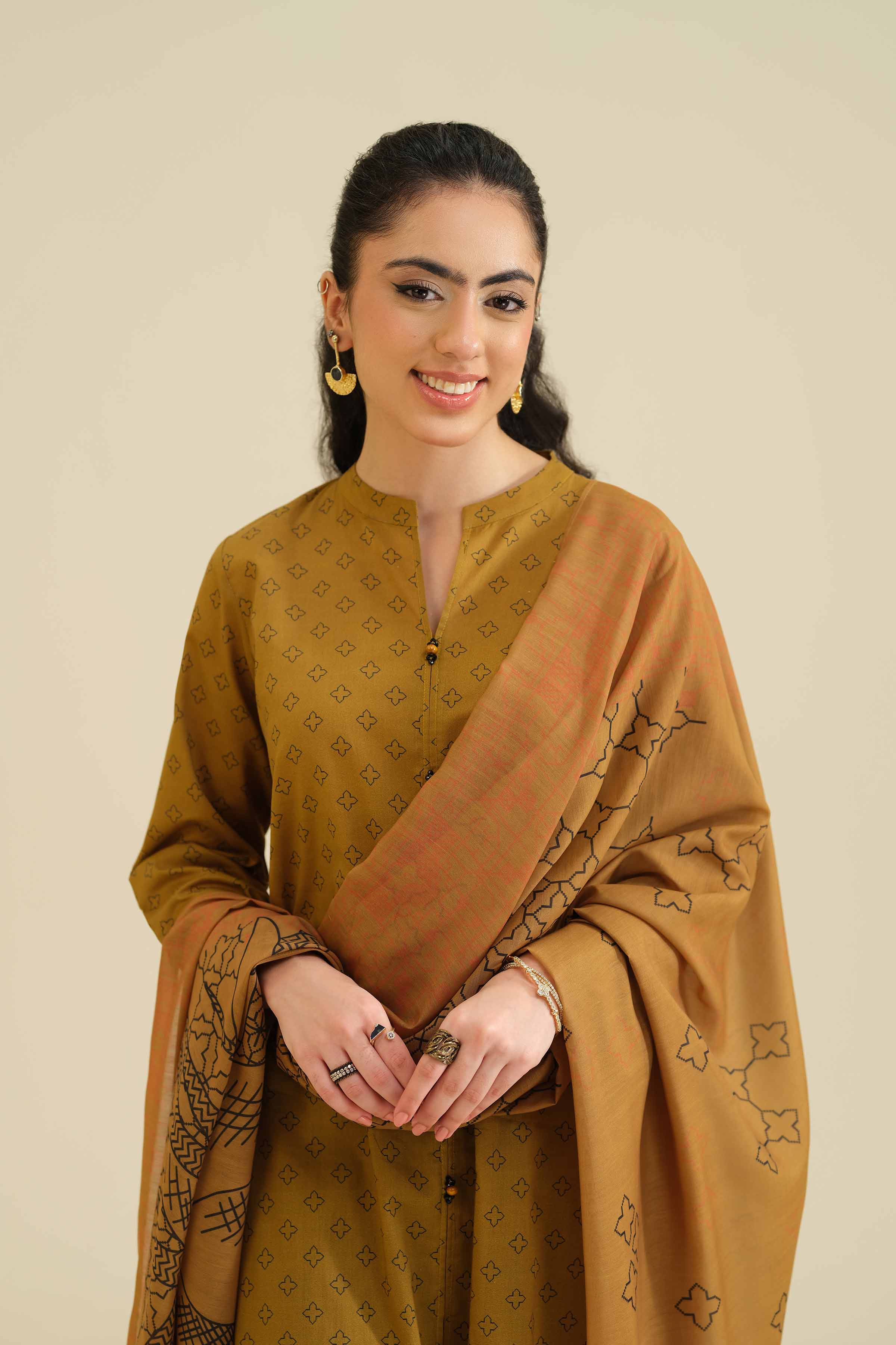 2 Piece - Printed Embroidered Suit - PW25-72 READY TO WEAR Brown Cambric 2PC Embroidered