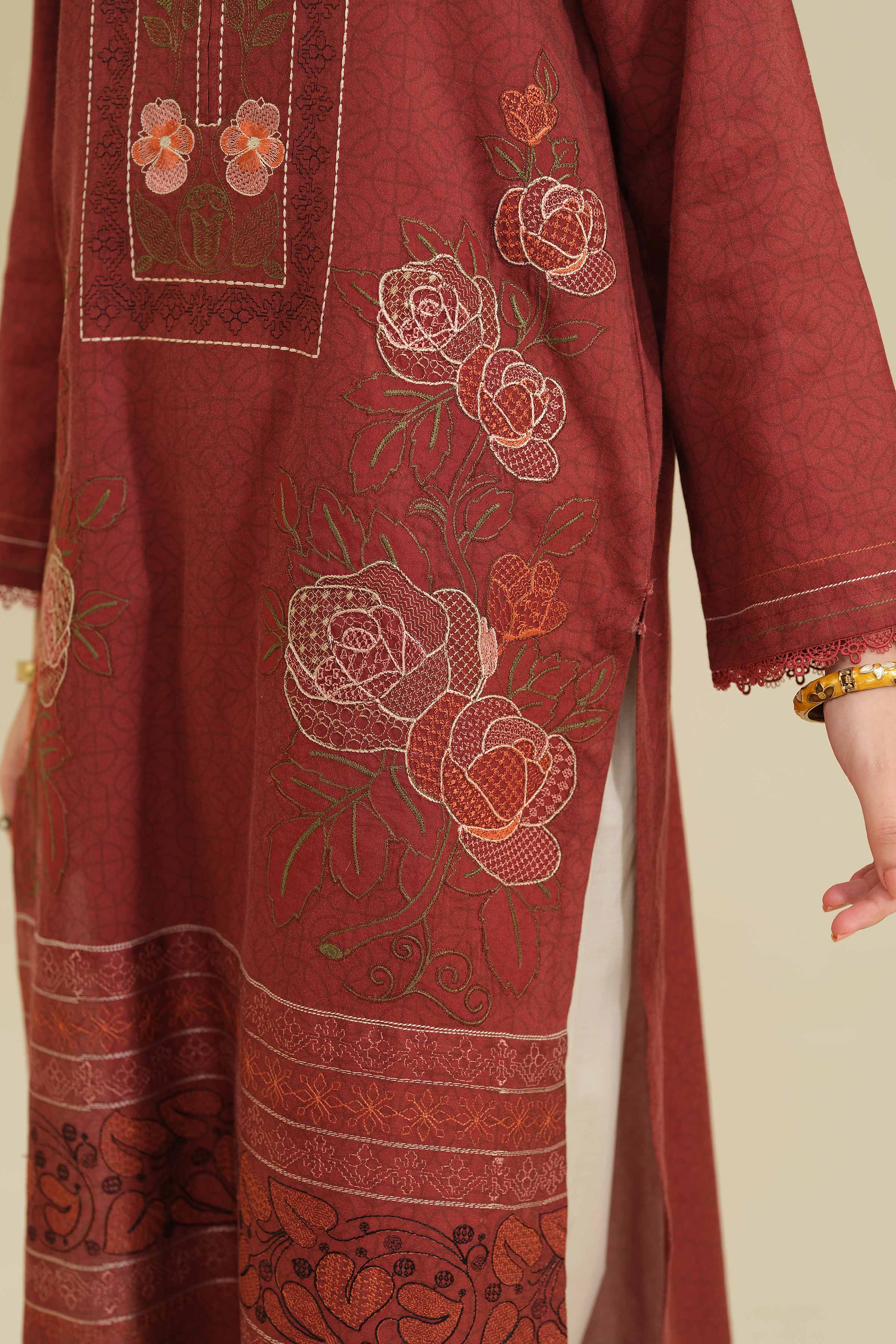 2 Piece - Printed Embroidered Suit - PW25-74 READY TO WEAR Maroon Sateen 2PC Embroidered